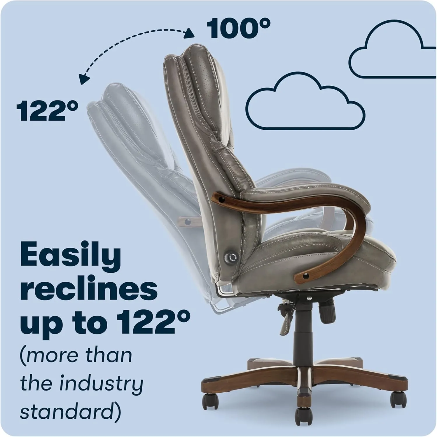 Serta® Conway Big & Tall Executive Office Chair, Ergonomic High-Back with Adjustable Lumbar, Semi Plush Cushion and Body Pillows, Padded Armrests, Wooden Swivel Base, Bonded Leather, Gray