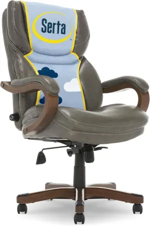 Serta® Conway Big & Tall Executive Office Chair, Ergonomic High-Back with Adjustable Lumbar, Semi Plush Cushion and Body Pillows, Padded Armrests, Wooden Swivel Base, Bonded Leather, Gray