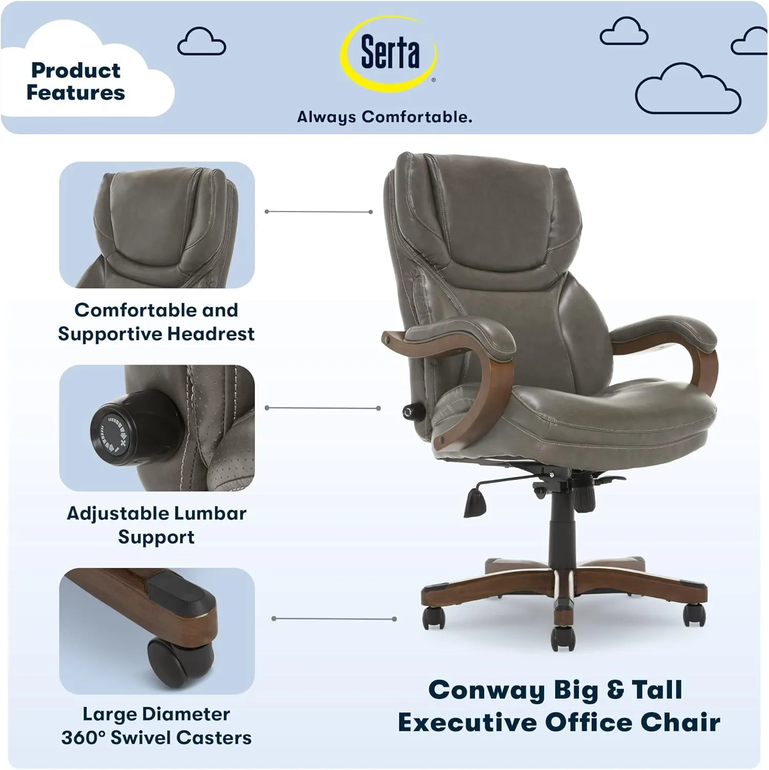 Serta® Conway Big & Tall Executive Office Chair, Ergonomic High-Back with Adjustable Lumbar, Semi Plush Cushion and Body Pillows, Padded Armrests, Wooden Swivel Base, Bonded Leather, Gray