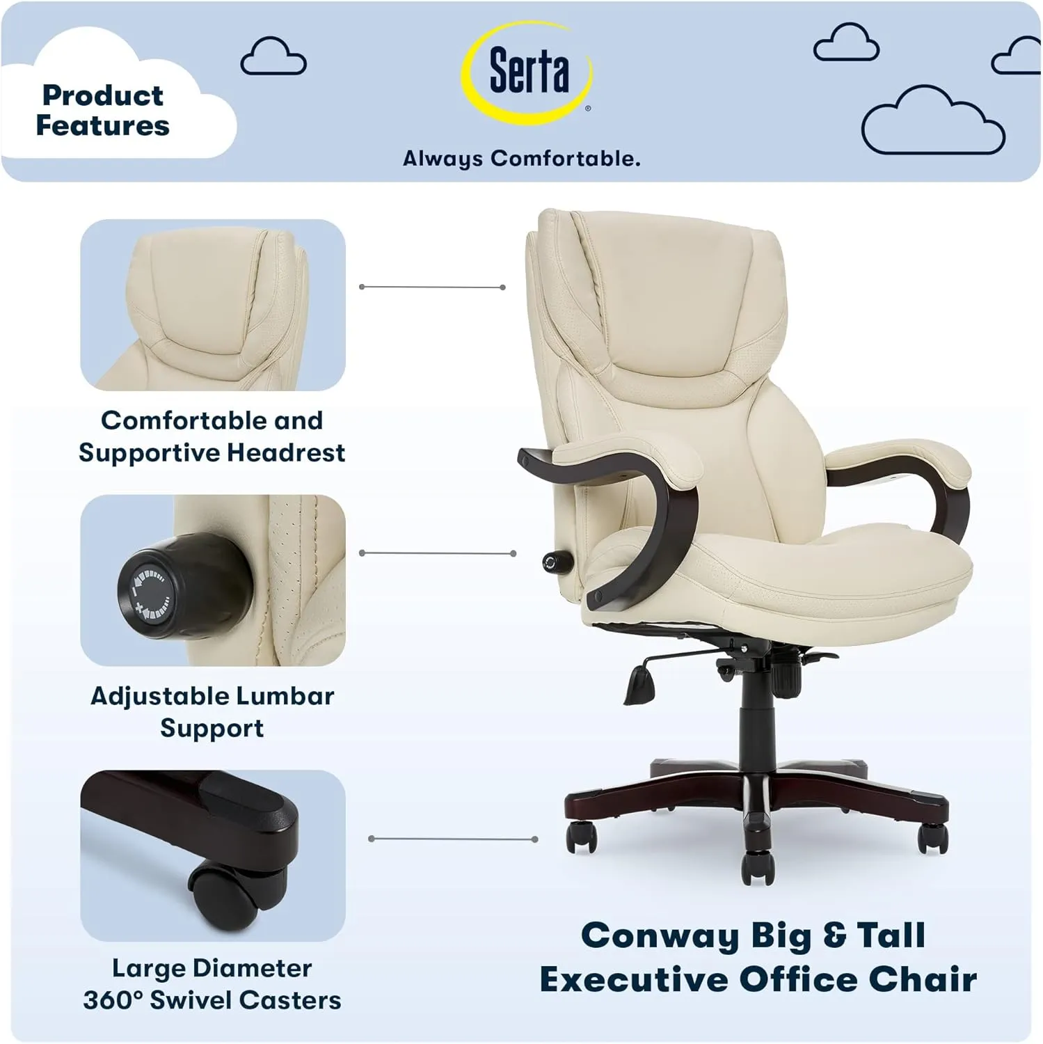 Serta® Conway Big & Tall Executive Office Chair, Ergonomic High-Back with Adjustable Lumbar, Semi Plush Cushion and Body Pillows, Padded Armrests, Wooden Swivel Base, Bonded Leather, Ivory White