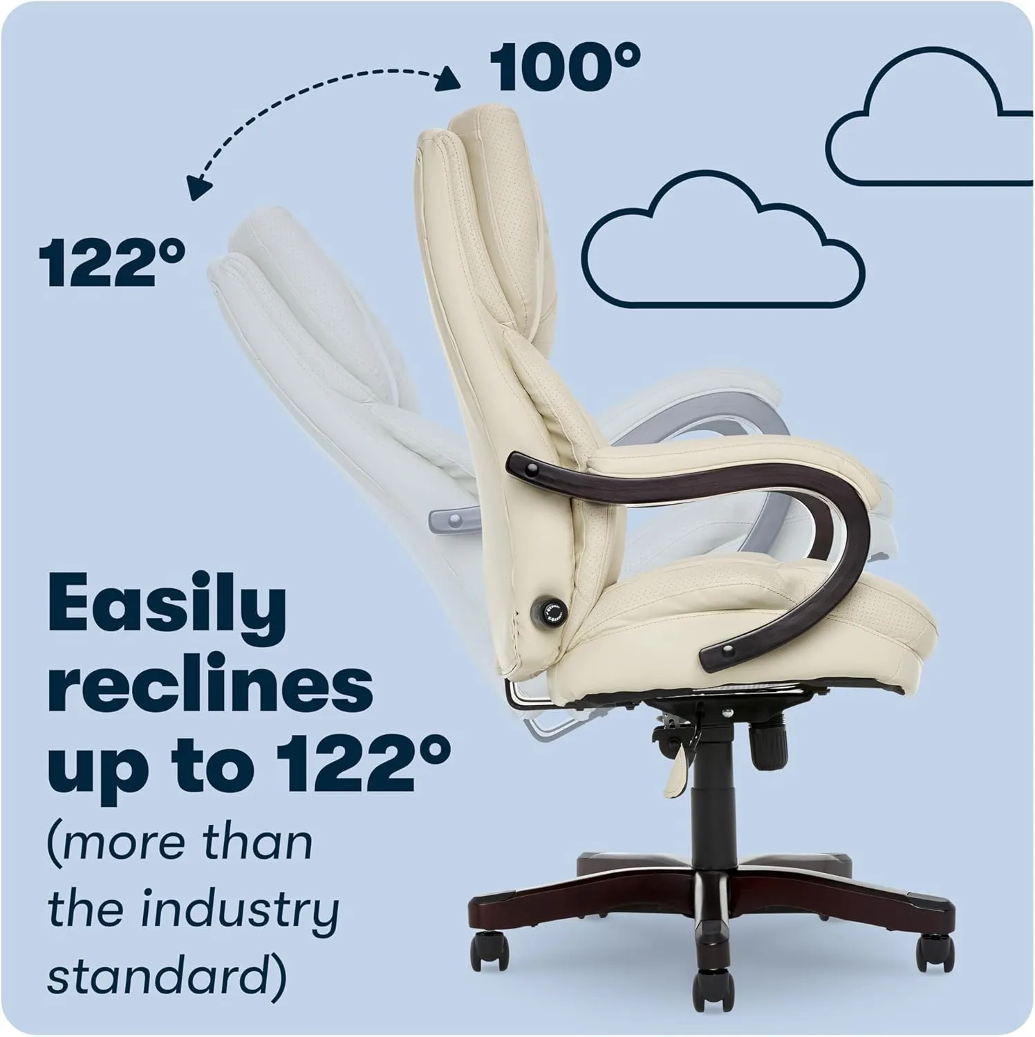 Serta® Conway Big & Tall Executive Office Chair, Ergonomic High-Back with Adjustable Lumbar, Semi Plush Cushion and Body Pillows, Padded Armrests, Wooden Swivel Base, Bonded Leather, Ivory White