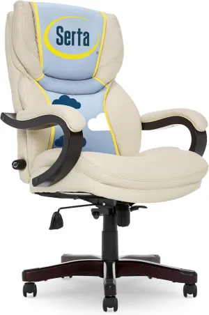 Serta® Conway Big & Tall Executive Office Chair, Ergonomic High-Back with Adjustable Lumbar, Semi Plush Cushion and Body Pillows, Padded Armrests, Wooden Swivel Base, Bonded Leather, Ivory White