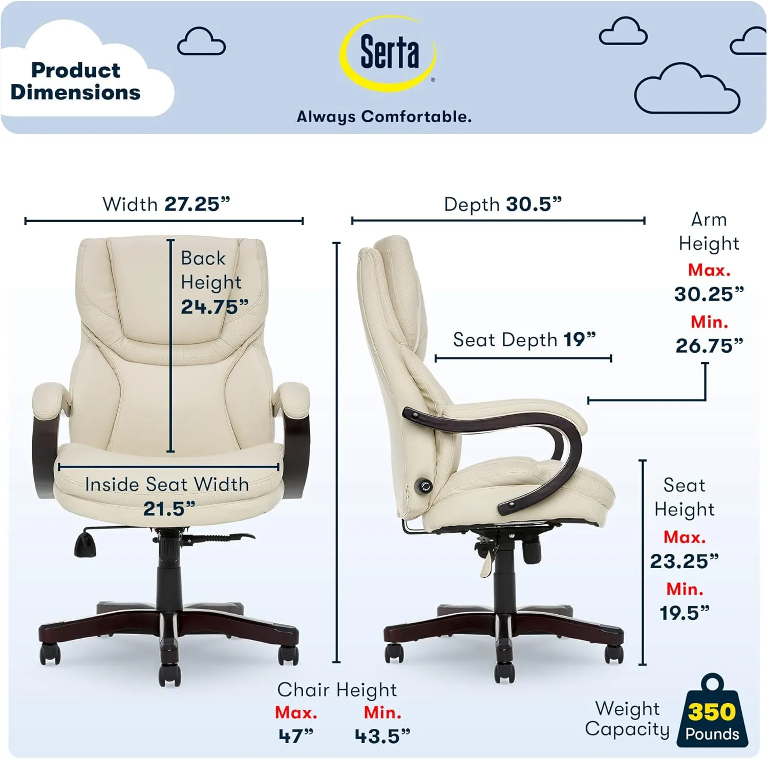 Serta® Conway Big & Tall Executive Office Chair, Ergonomic High-Back with Adjustable Lumbar, Semi Plush Cushion and Body Pillows, Padded Armrests, Wooden Swivel Base, Bonded Leather, Ivory White