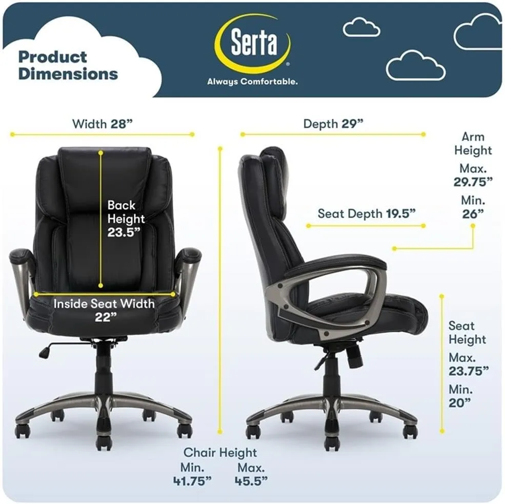 Serta Garret Executive Office Chair, Ergonomic Mid-Back with Lumbar Support, Semi-Plush Cushion and Body Pillows, Padded Armrests, Swivel Base, Bonded Leather, Black
