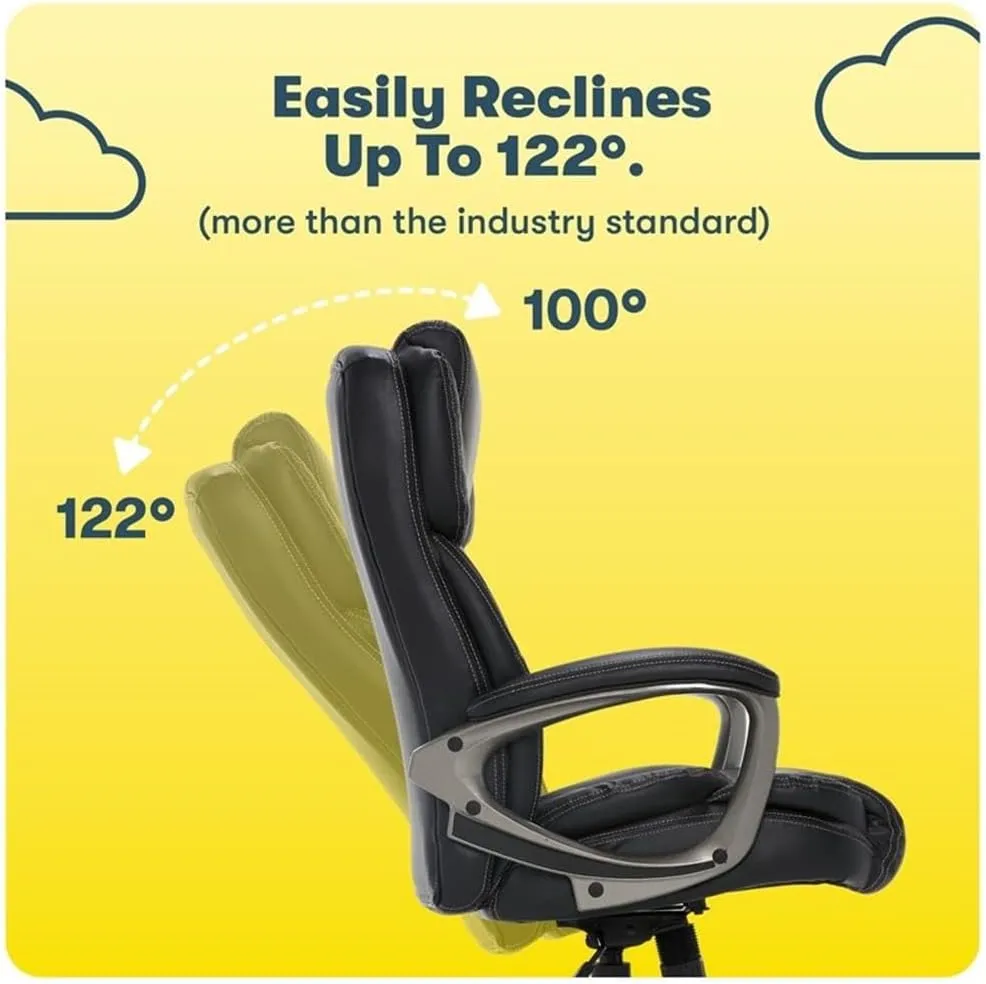 Serta Garret Executive Office Chair, Ergonomic Mid-Back with Lumbar Support, Semi-Plush Cushion and Body Pillows, Padded Armrests, Swivel Base, Bonded Leather, Black