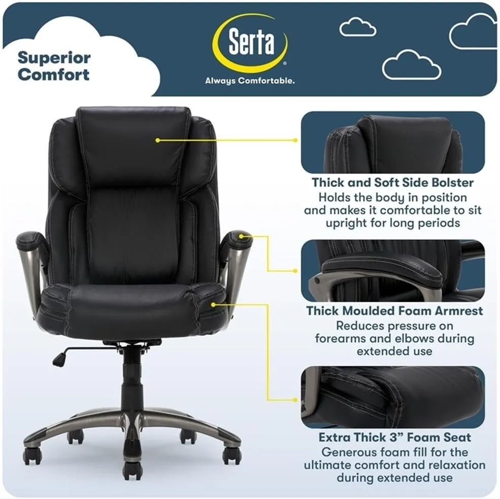 Serta Garret Executive Office Chair, Ergonomic Mid-Back with Lumbar Support, Semi-Plush Cushion and Body Pillows, Padded Armrests, Swivel Base, Bonded Leather, Black