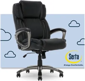 Serta Garret Executive Office Chair, Ergonomic Mid-Back with Lumbar Support, Semi-Plush Cushion and Body Pillows, Padded Armrests, Swivel Base, Bonded Leather, Black