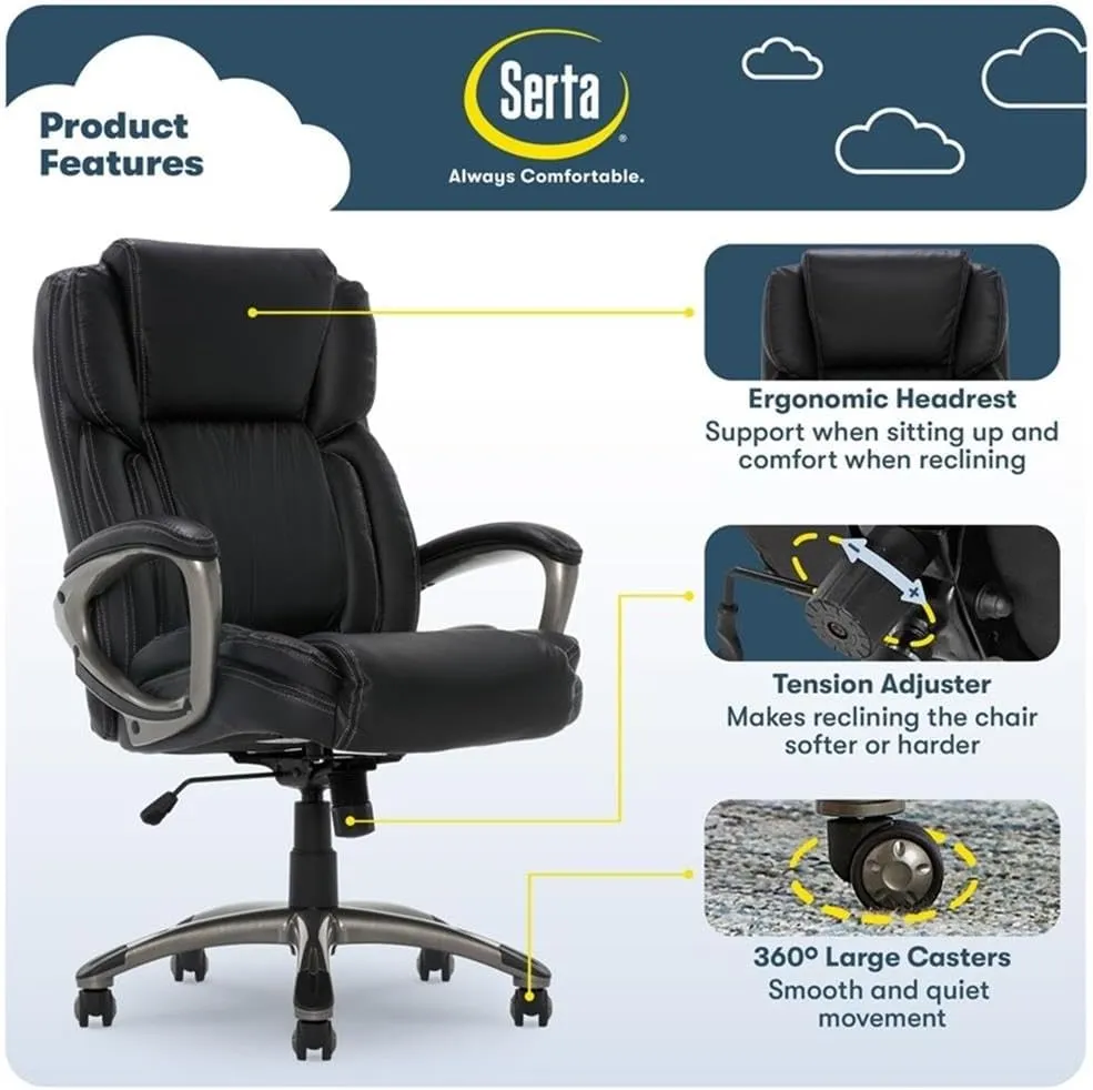 Serta Garret Executive Office Chair, Ergonomic Mid-Back with Lumbar Support, Semi-Plush Cushion and Body Pillows, Padded Armrests, Swivel Base, Bonded Leather, Black