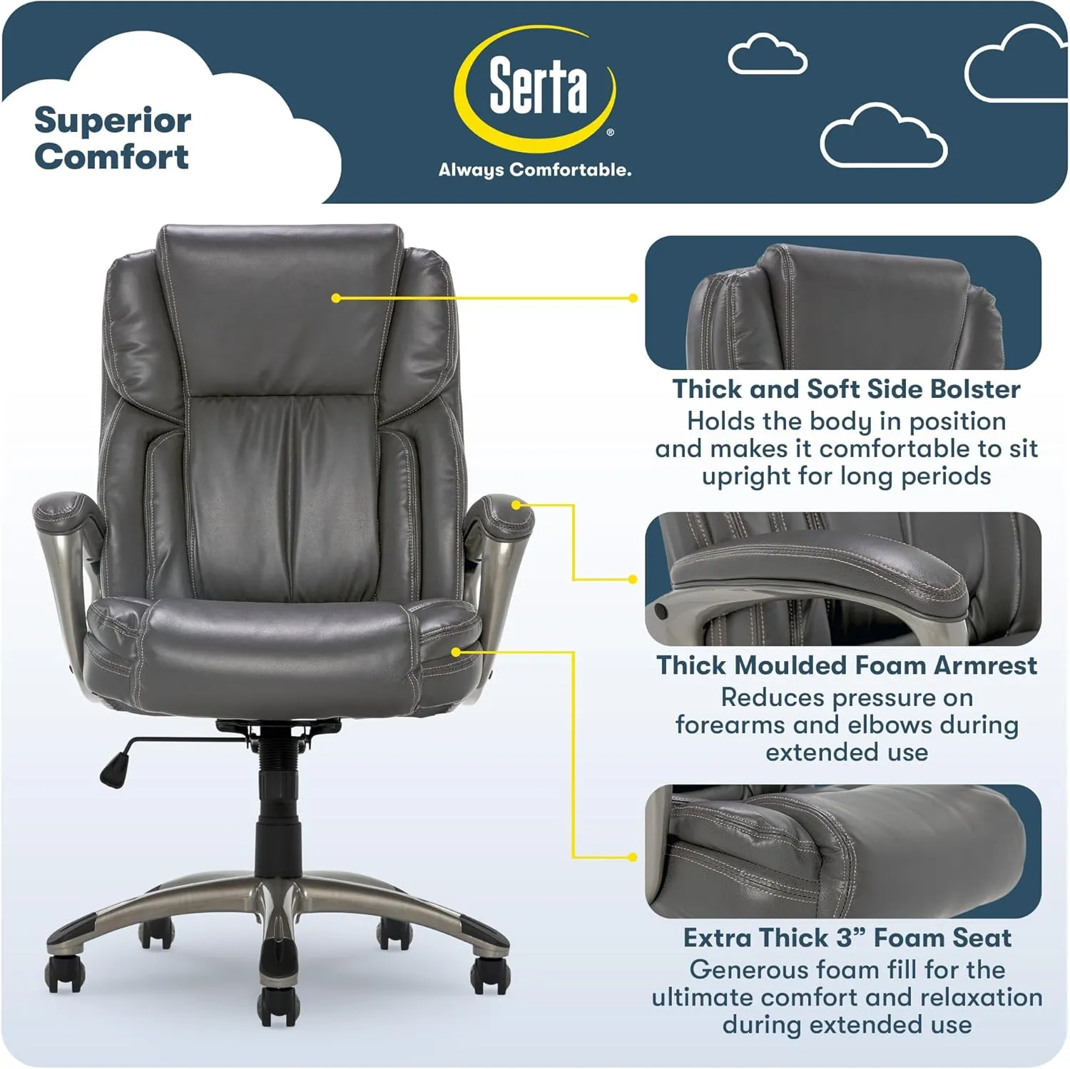 Serta Garret Executive Office Chair, Ergonomic Mid-Back with Lumbar Support, Semi-Plush Cushion and Body Pillows, Padded Armrests, Swivel Base, Bonded Leather, Gray