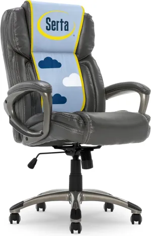 Serta Garret Executive Office Chair, Ergonomic Mid-Back with Lumbar Support, Semi-Plush Cushion and Body Pillows, Padded Armrests, Swivel Base, Bonded Leather, Gray