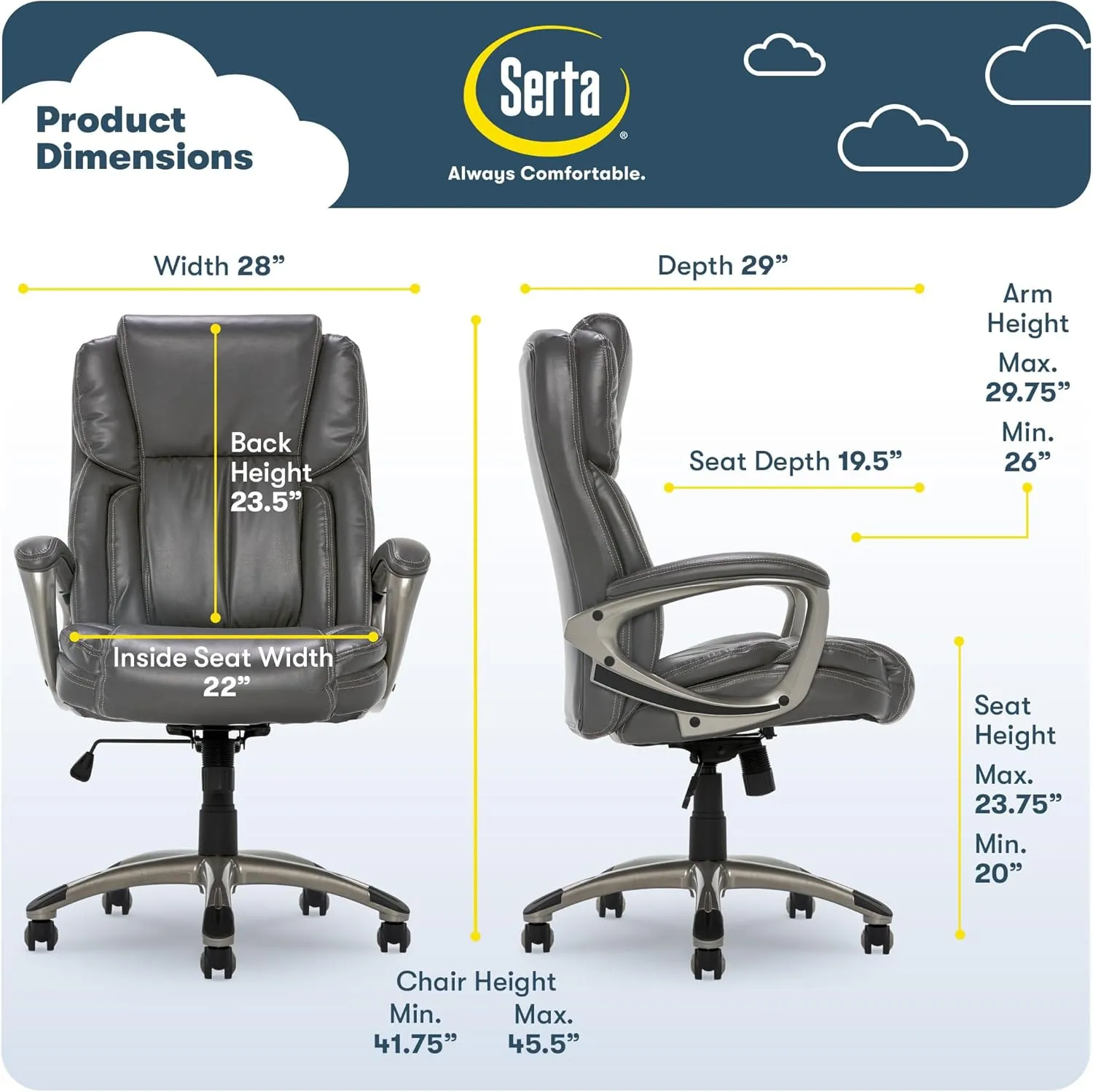 Serta Garret Executive Office Chair, Ergonomic Mid-Back with Lumbar Support, Semi-Plush Cushion and Body Pillows, Padded Armrests, Swivel Base, Bonded Leather, Gray
