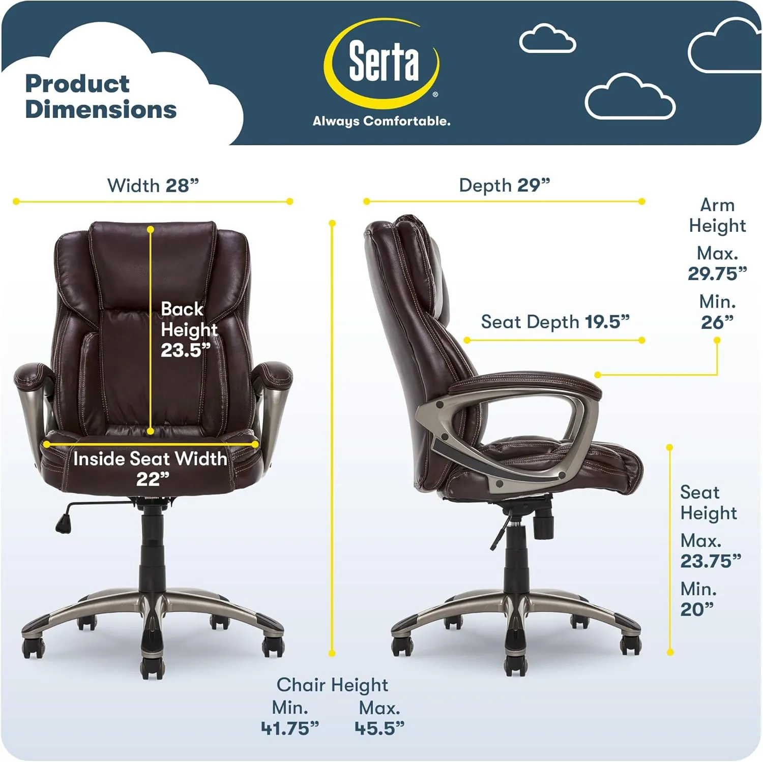 Serta Garret Executive Office Chair, Ergonomic Mid-Back with Lumbar Support, Semi-Plush Cushion and Body Pillows, Padded Armrests, Swivel Base, Bonded Leather, High, Brown