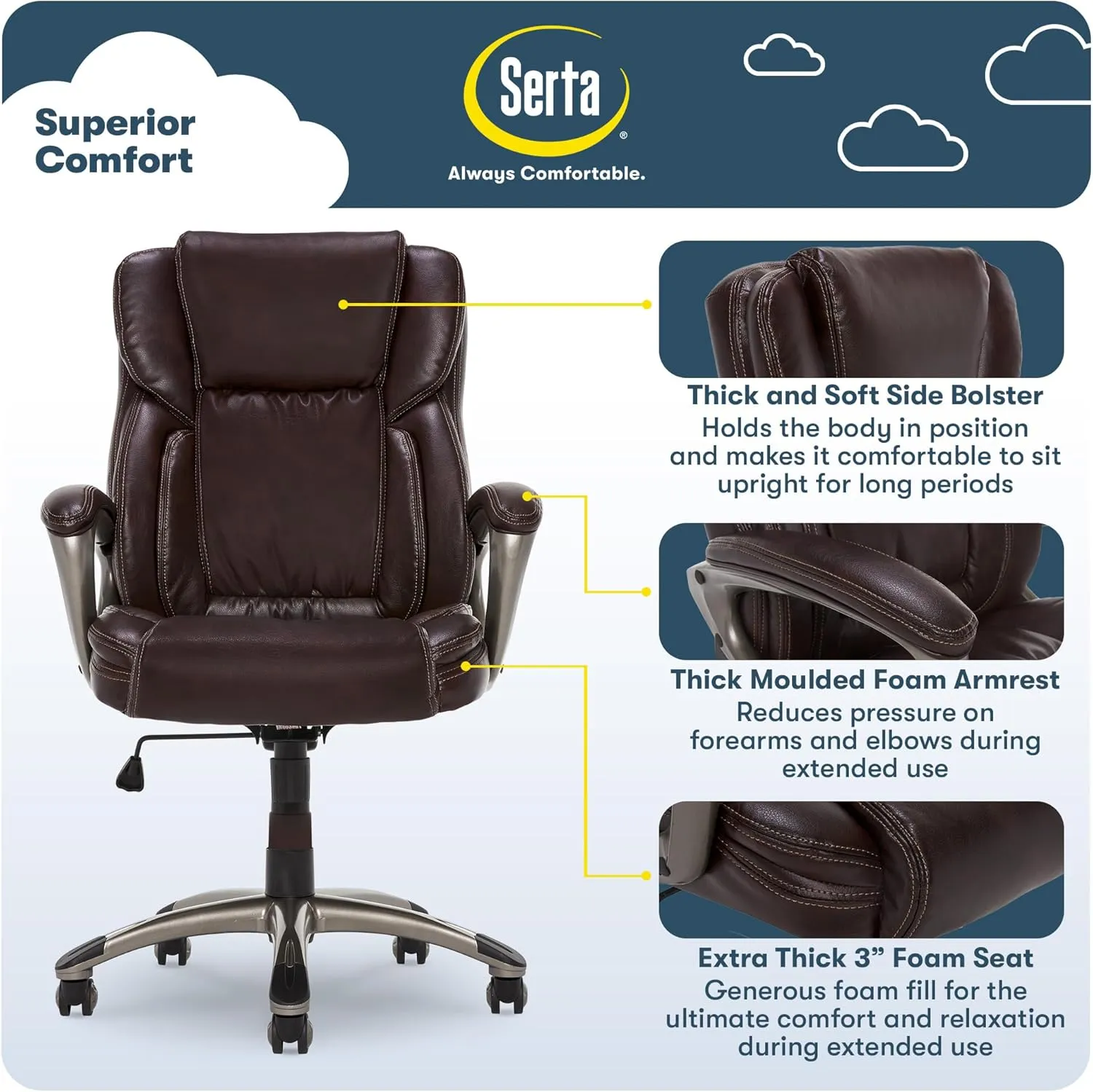 Serta Garret Executive Office Chair, Ergonomic Mid-Back with Lumbar Support, Semi-Plush Cushion and Body Pillows, Padded Armrests, Swivel Base, Bonded Leather, High, Brown