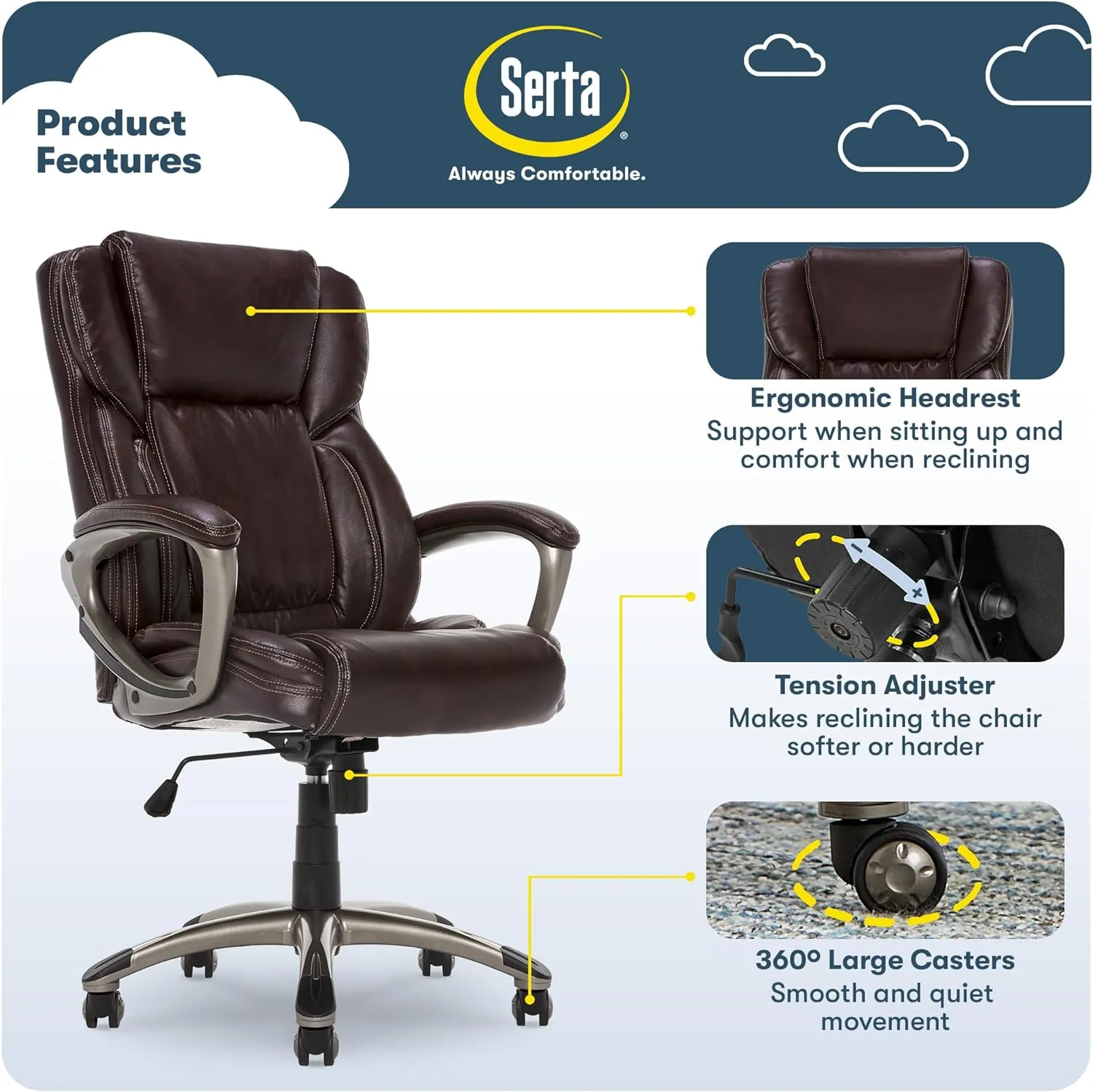 Serta Garret Executive Office Chair, Ergonomic Mid-Back with Lumbar Support, Semi-Plush Cushion and Body Pillows, Padded Armrests, Swivel Base, Bonded Leather, High, Brown