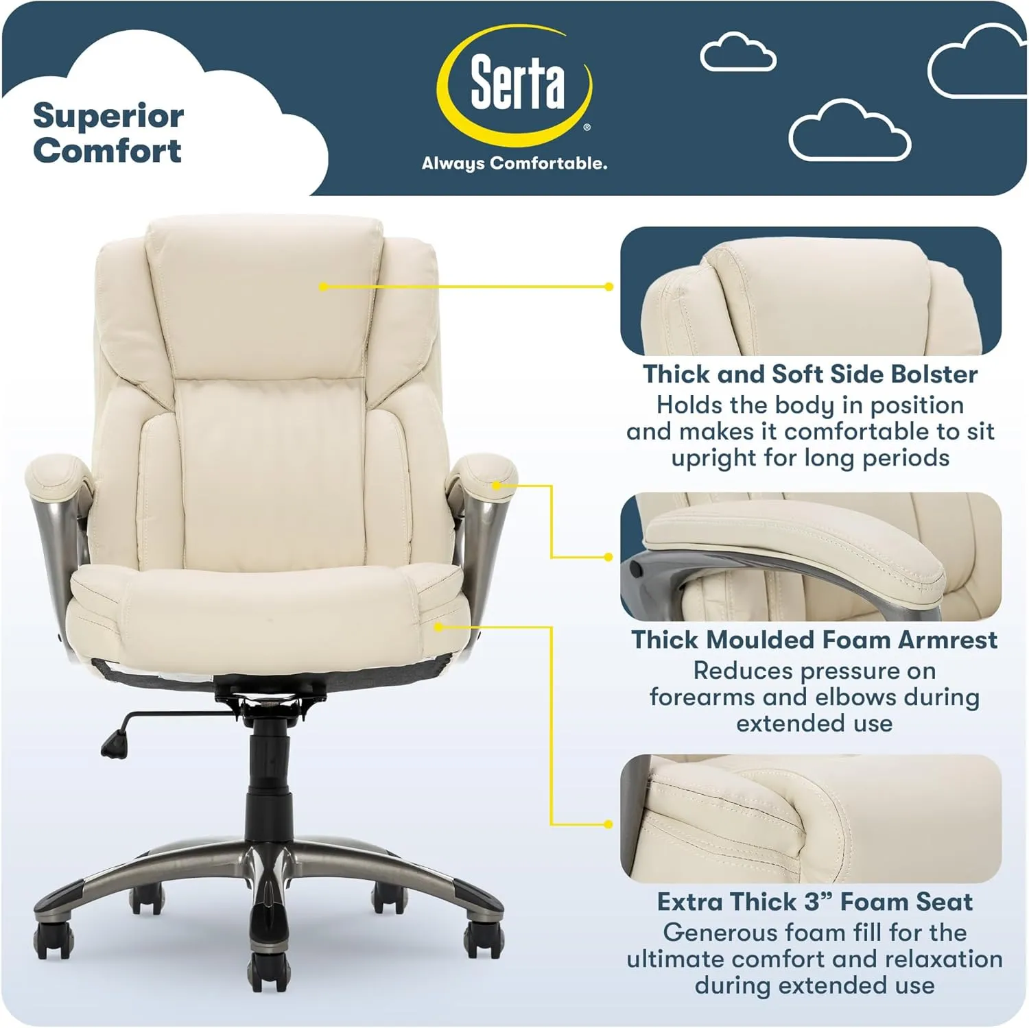 Serta Garret Executive Office Chair, Ergonomic Mid-Back with Lumbar Support, Semi-Plush Cushion and Body Pillows, Padded Armrests, Swivel Base, Bonded Leather, Ivory White