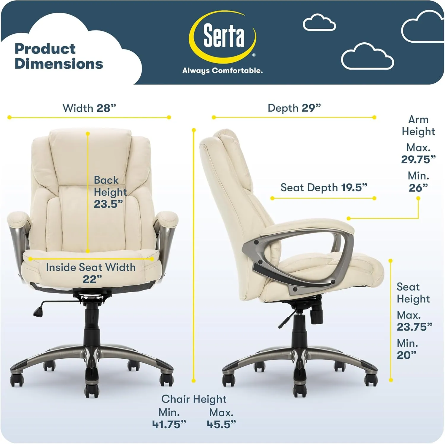 Serta Garret Executive Office Chair, Ergonomic Mid-Back with Lumbar Support, Semi-Plush Cushion and Body Pillows, Padded Armrests, Swivel Base, Bonded Leather, Ivory White