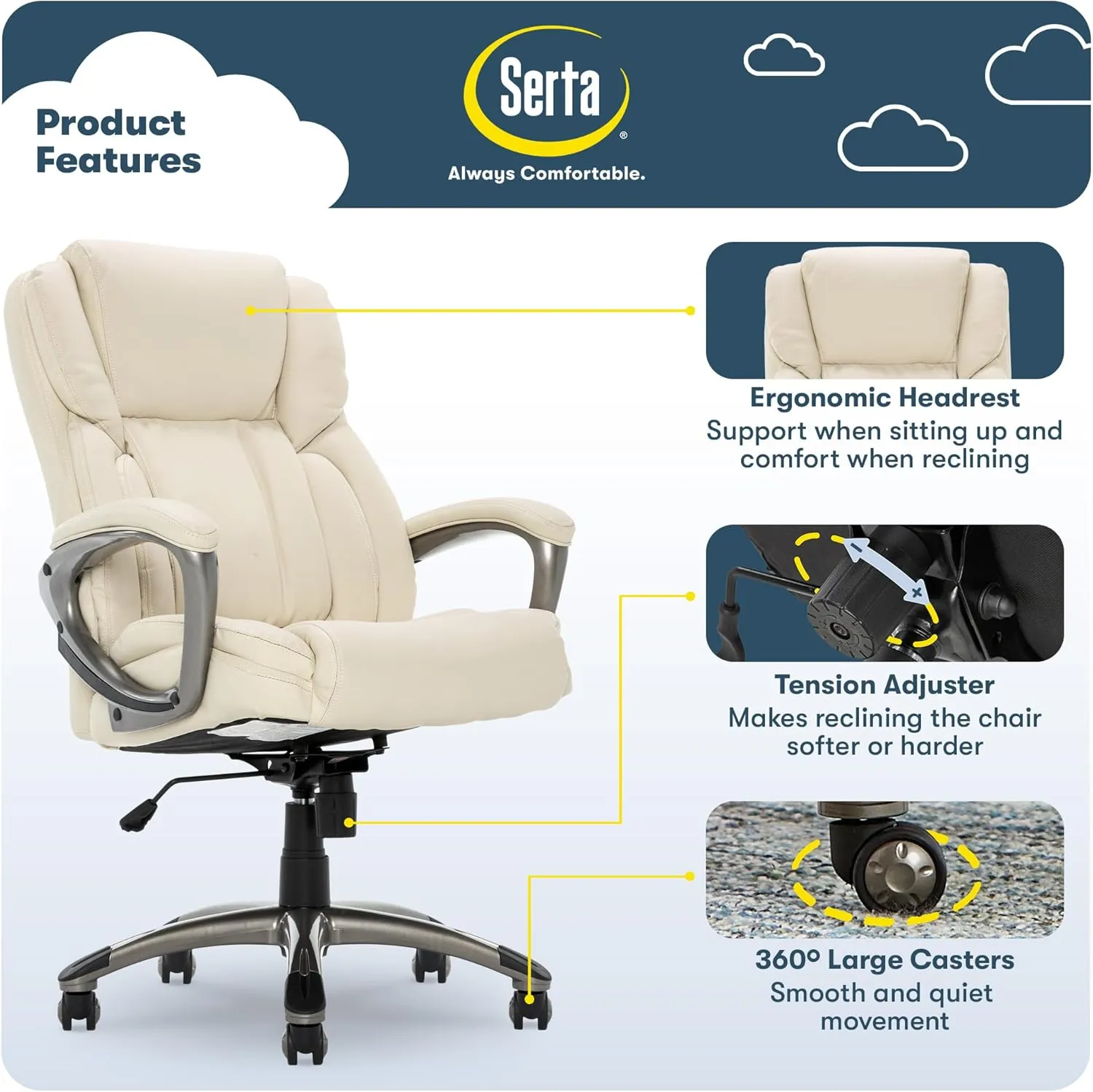 Serta Garret Executive Office Chair, Ergonomic Mid-Back with Lumbar Support, Semi-Plush Cushion and Body Pillows, Padded Armrests, Swivel Base, Bonded Leather, Ivory White