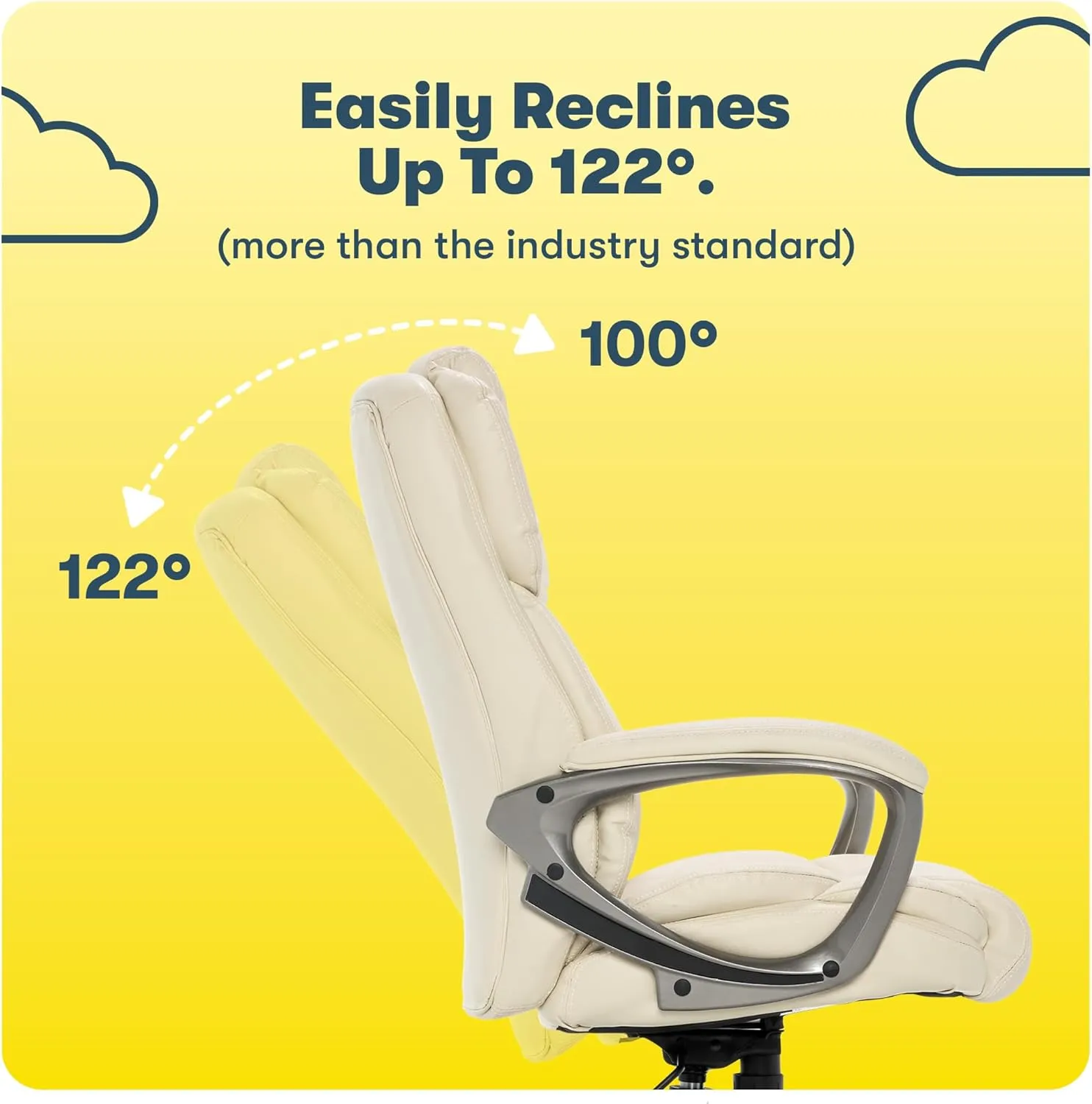 Serta Garret Executive Office Chair, Ergonomic Mid-Back with Lumbar Support, Semi-Plush Cushion and Body Pillows, Padded Armrests, Swivel Base, Bonded Leather, Ivory White