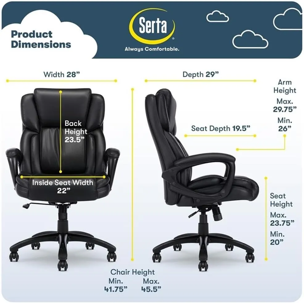Serta Garret Executive Office Chair, Ergonomic Mid-Back with Lumbar Support, Semi-Plush Cushion and Body Pillows, Padded Armrests, Swivel Base, Bonded Leather, Space Black