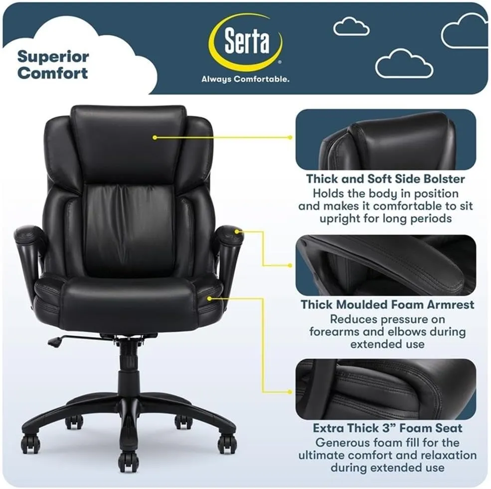 Serta Garret Executive Office Chair, Ergonomic Mid-Back with Lumbar Support, Semi-Plush Cushion and Body Pillows, Padded Armrests, Swivel Base, Bonded Leather, Space Black