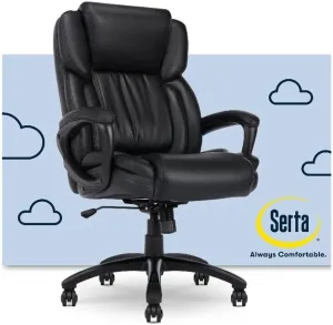 Serta Garret Executive Office Chair, Ergonomic Mid-Back with Lumbar Support, Semi-Plush Cushion and Body Pillows, Padded Armrests, Swivel Base, Bonded Leather, Space Black