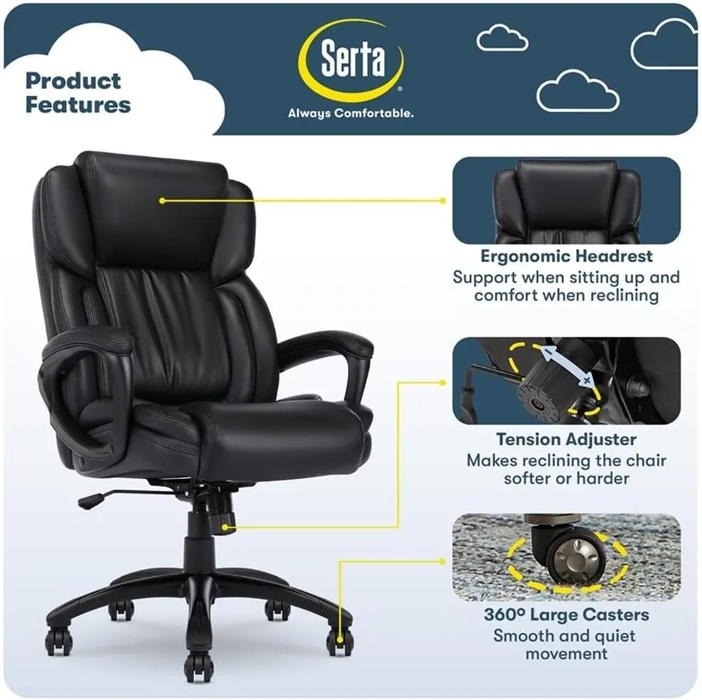 Serta Garret Executive Office Chair, Ergonomic Mid-Back with Lumbar Support, Semi-Plush Cushion and Body Pillows, Padded Armrests, Swivel Base, Bonded Leather, Space Black
