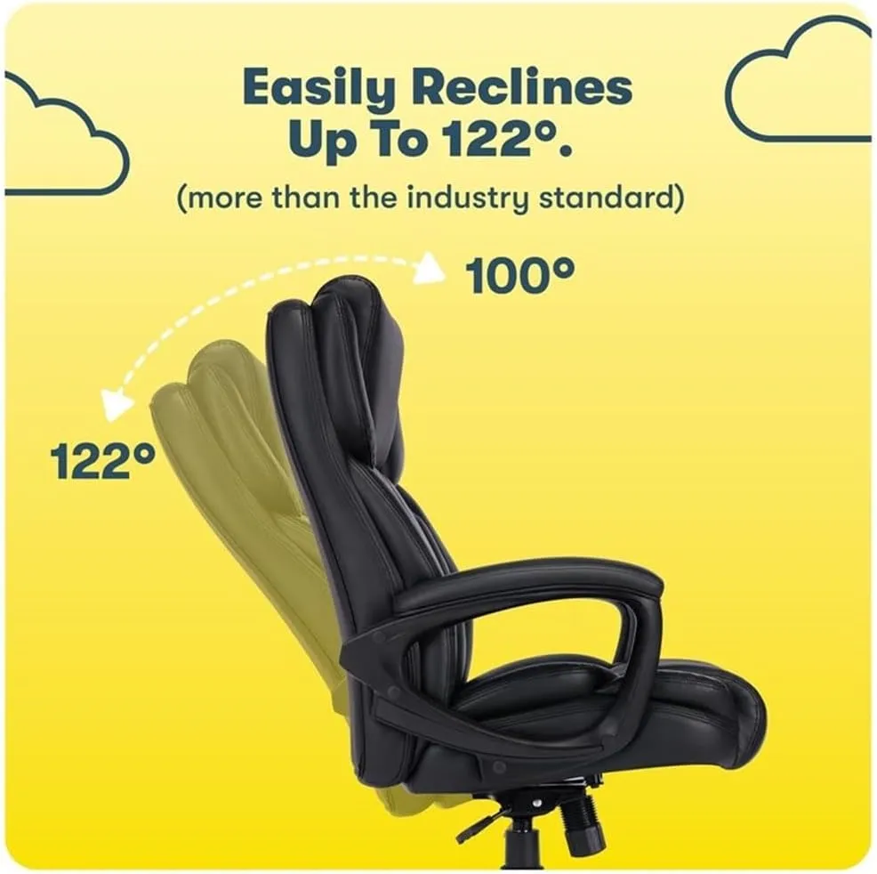 Serta Garret Executive Office Chair, Ergonomic Mid-Back with Lumbar Support, Semi-Plush Cushion and Body Pillows, Padded Armrests, Swivel Base, Bonded Leather, Space Black