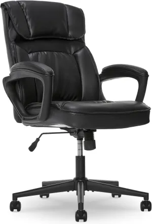 Serta Hannah Executive Home Office Desk Chair, Ergonomic Mid-Back with Lumbar Support, Firm Seat Cushion, Layered Body Pillows, Padded Armrests, Swivel Base, Easy Assembly, Bonded Leather, Black