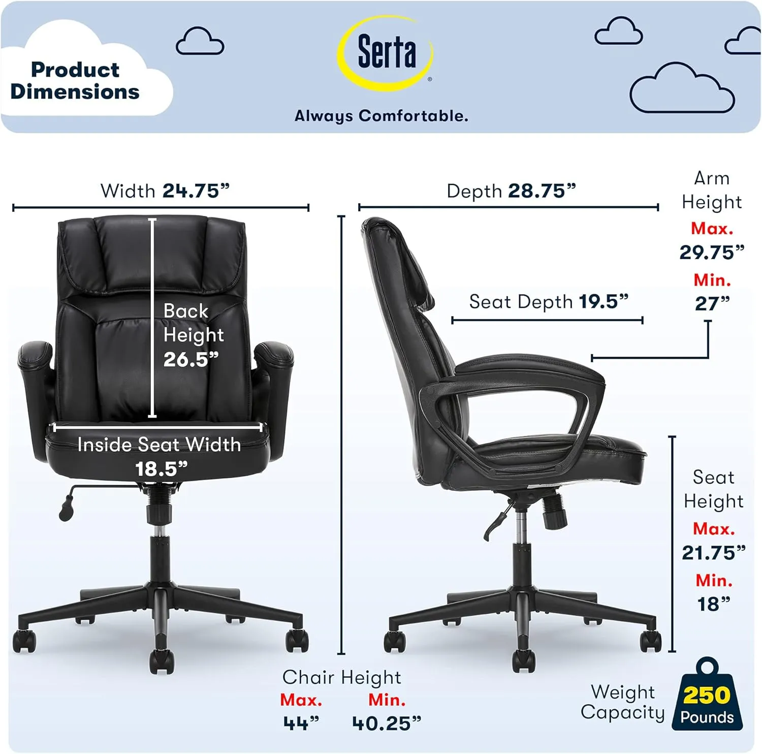 Serta Hannah Executive Home Office Desk Chair, Ergonomic Mid-Back with Lumbar Support, Firm Seat Cushion, Layered Body Pillows, Padded Armrests, Swivel Base, Easy Assembly, Bonded Leather, Black