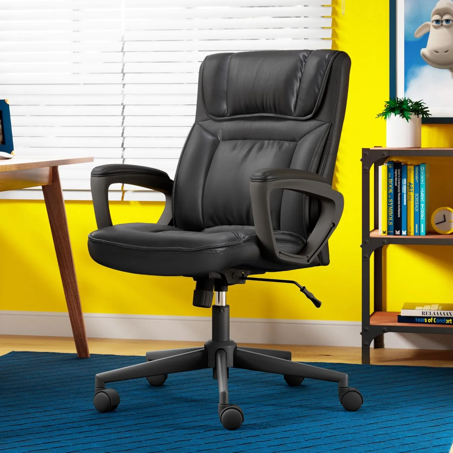 Serta Hannah Executive Home Office Desk Chair, Ergonomic Mid-Back with Lumbar Support, Firm Seat Cushion, Layered Body Pillows, Padded Armrests, Swivel Base, Easy Assembly, Bonded Leather, Black