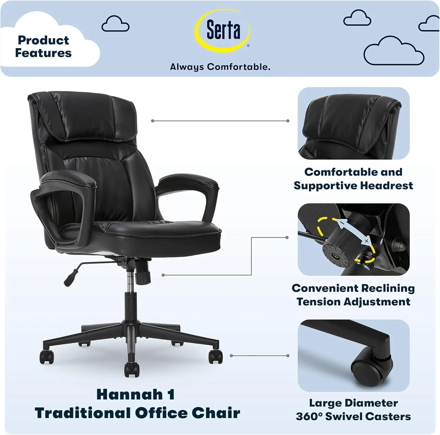 Serta Hannah Executive Home Office Desk Chair, Ergonomic Mid-Back with Lumbar Support, Firm Seat Cushion, Layered Body Pillows, Padded Armrests, Swivel Base, Easy Assembly, Bonded Leather, Black