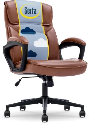 Serta® Hannah Executive Home Office Desk Chair, Ergonomic Mid-Back with Lumbar Support, Firm Seat Cushion, Layered Body Pillows, Padded Armrests, Swivel Base, Easy Assembly, Bonded Leather, Cognac