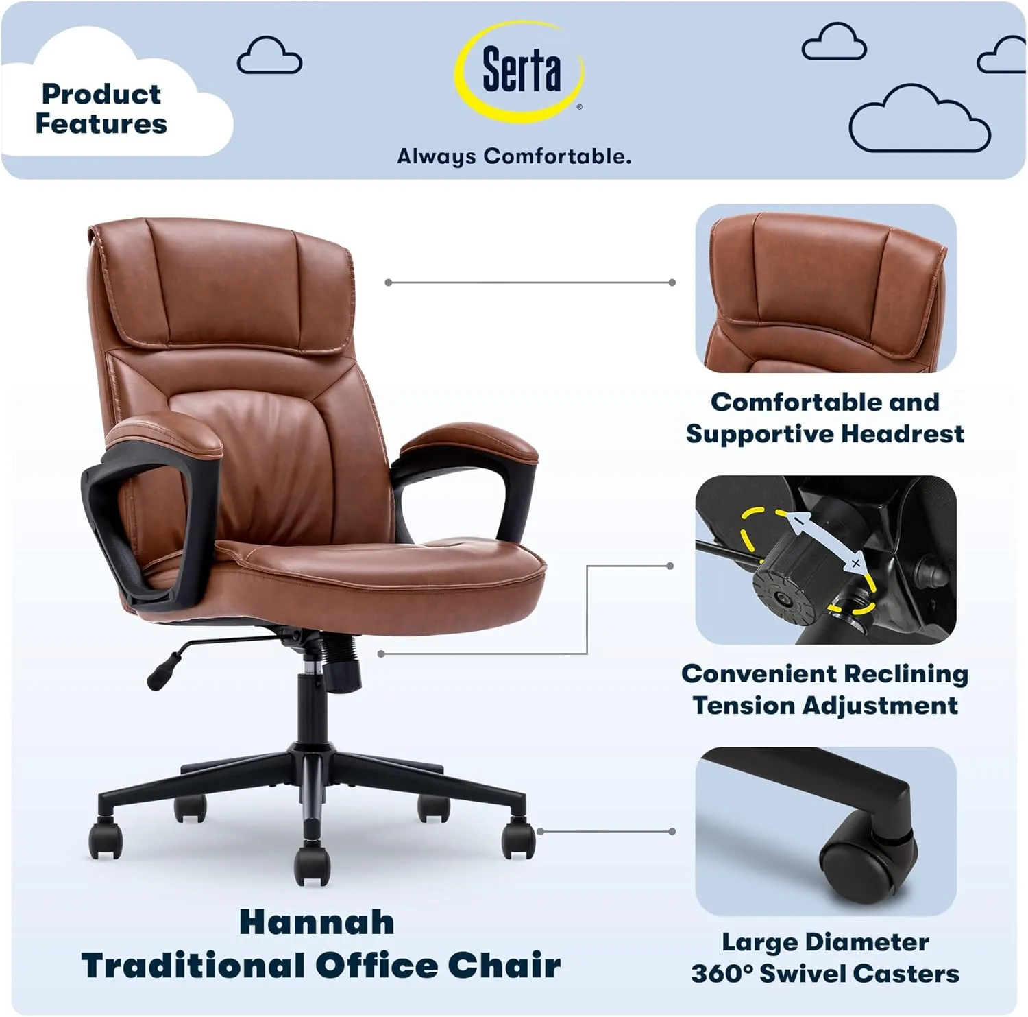 Serta® Hannah Executive Home Office Desk Chair, Ergonomic Mid-Back with Lumbar Support, Firm Seat Cushion, Layered Body Pillows, Padded Armrests, Swivel Base, Easy Assembly, Bonded Leather, Cognac