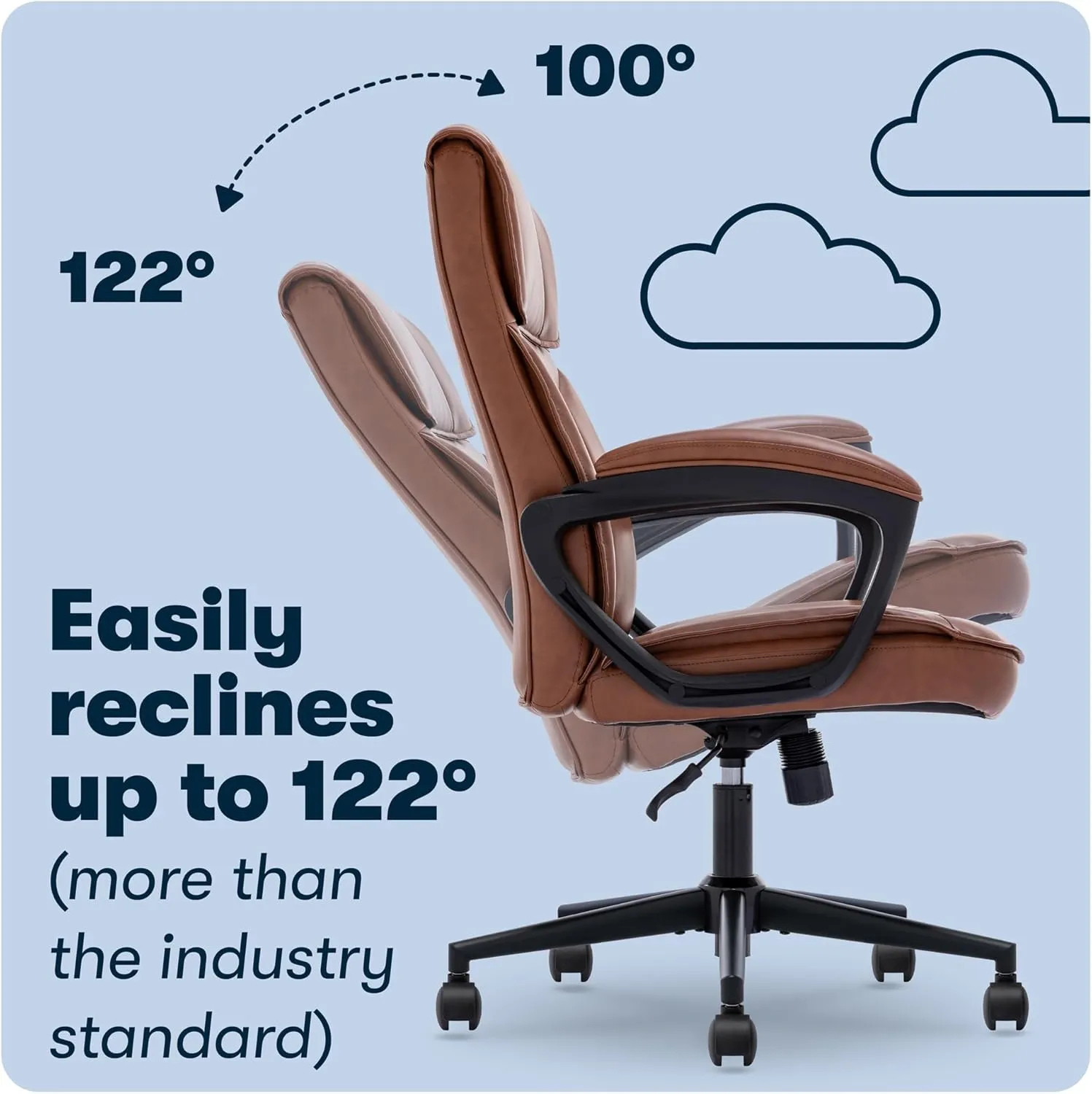 Serta® Hannah Executive Home Office Desk Chair, Ergonomic Mid-Back with Lumbar Support, Firm Seat Cushion, Layered Body Pillows, Padded Armrests, Swivel Base, Easy Assembly, Bonded Leather, Cognac