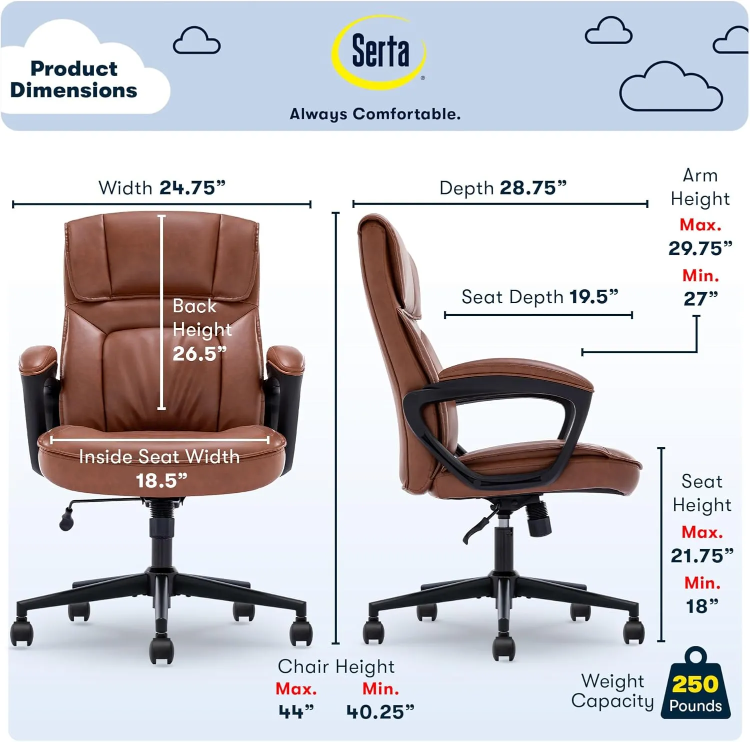 Serta® Hannah Executive Home Office Desk Chair, Ergonomic Mid-Back with Lumbar Support, Firm Seat Cushion, Layered Body Pillows, Padded Armrests, Swivel Base, Easy Assembly, Bonded Leather, Cognac