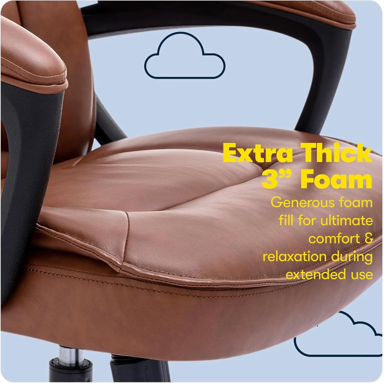 Serta® Hannah Executive Home Office Desk Chair, Ergonomic Mid-Back with Lumbar Support, Firm Seat Cushion, Layered Body Pillows, Padded Armrests, Swivel Base, Easy Assembly, Bonded Leather, Cognac