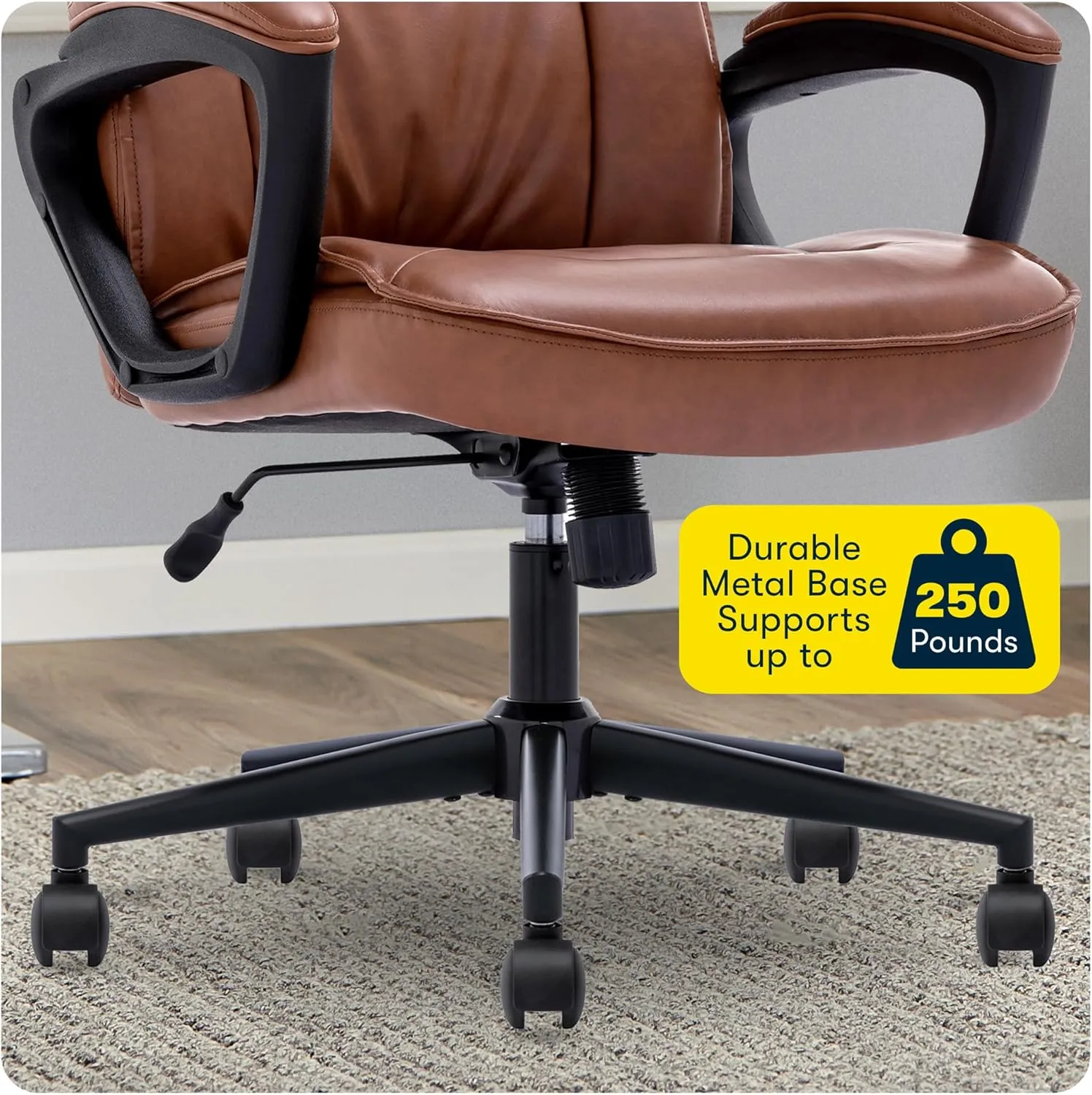 Serta® Hannah Executive Home Office Desk Chair, Ergonomic Mid-Back with Lumbar Support, Firm Seat Cushion, Layered Body Pillows, Padded Armrests, Swivel Base, Easy Assembly, Bonded Leather, Cognac