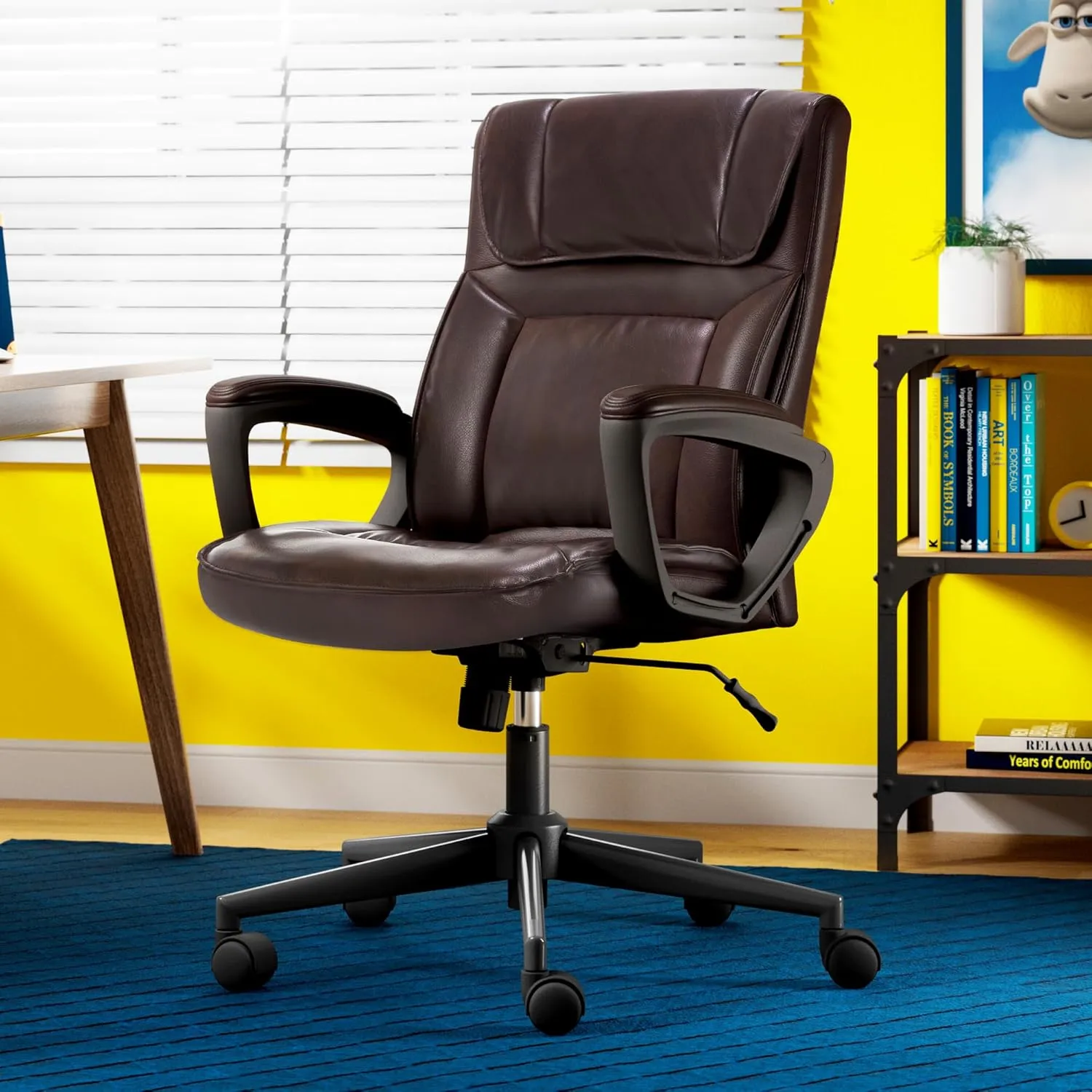 Serta Hannah Executive Home Office Desk Chair, Ergonomic Mid-Back with Lumbar Support, Firm Seat Cushion, Layered Body Pillows, Padded Armrests, Swivel Base, Easy Assembly, Faux Leather, Brown