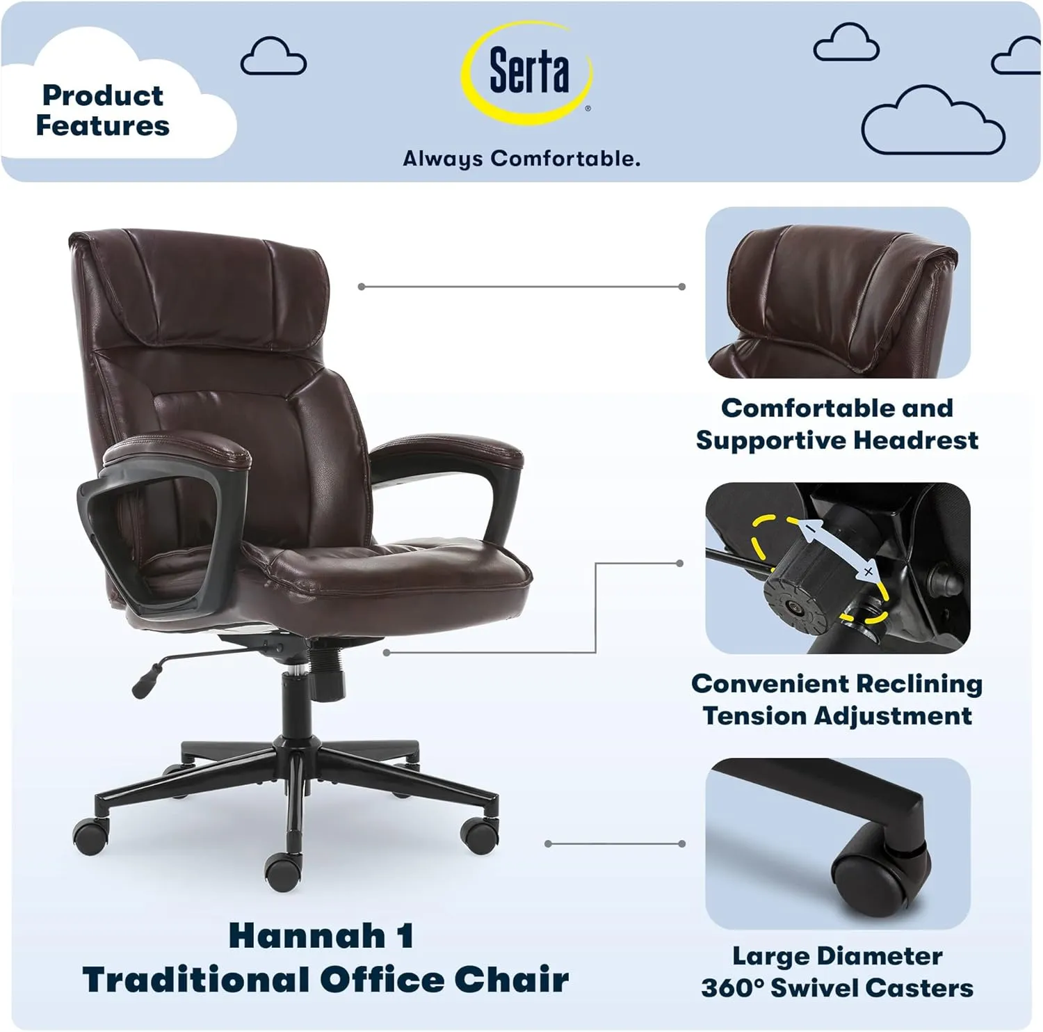 Serta Hannah Executive Home Office Desk Chair, Ergonomic Mid-Back with Lumbar Support, Firm Seat Cushion, Layered Body Pillows, Padded Armrests, Swivel Base, Easy Assembly, Faux Leather, Brown