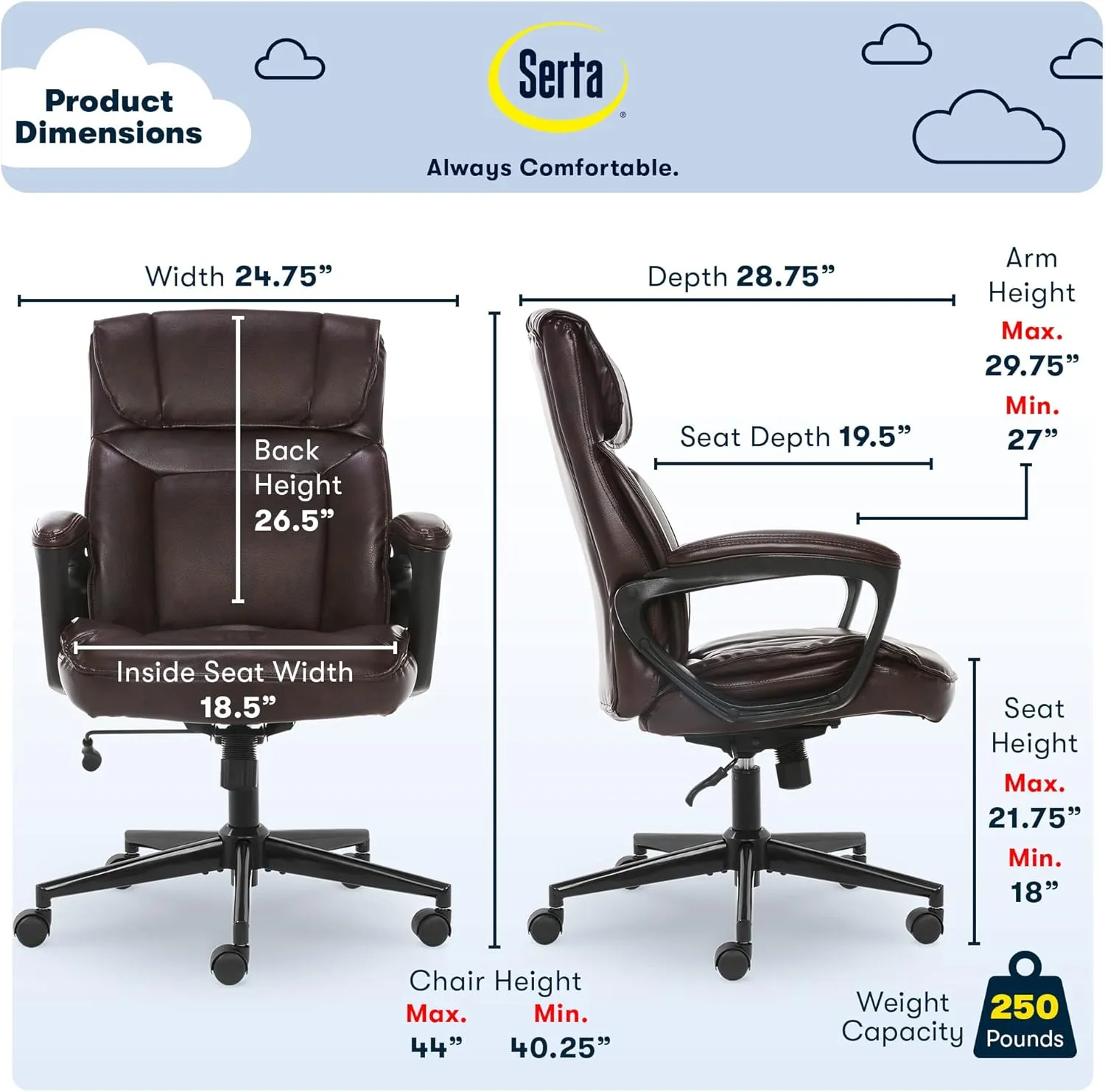 Serta Hannah Executive Home Office Desk Chair, Ergonomic Mid-Back with Lumbar Support, Firm Seat Cushion, Layered Body Pillows, Padded Armrests, Swivel Base, Easy Assembly, Faux Leather, Brown