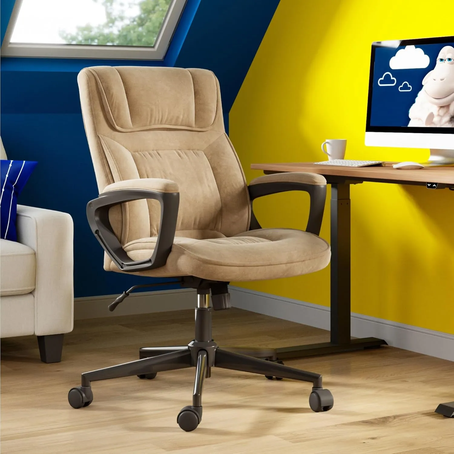 Serta Hannah Executive Home Office Desk Chair, Ergonomic Mid-Back with Lumbar Support, Firm Seat Cushion, Layered Body Pillows, Padded Armrests, Swivel Base, Easy Assembly, Microfiber, Beige