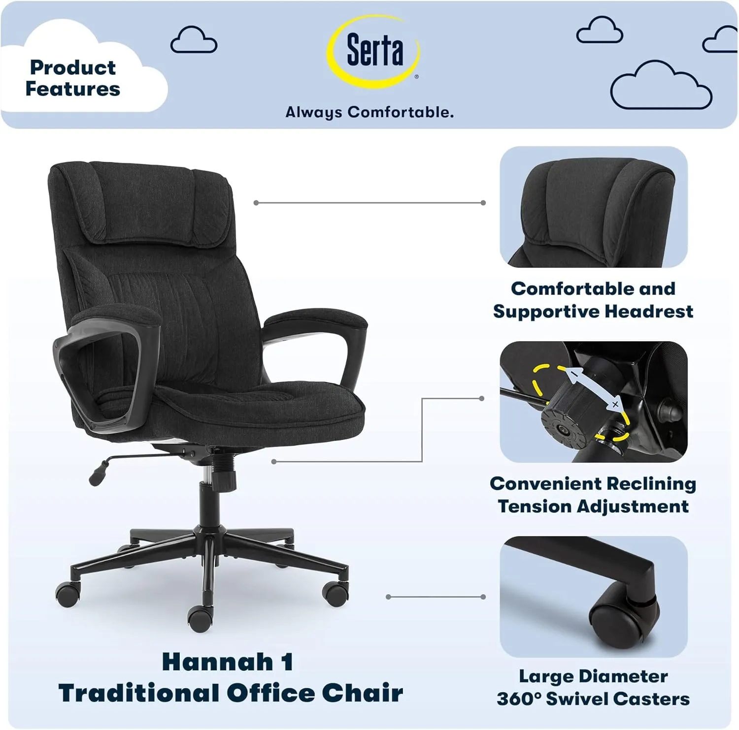 Serta Hannah Executive Home Office Desk Chair, Ergonomic Mid-Back with Lumbar Support, Firm Seat Cushion, Layered Body Pillows, Padded Armrests, Swivel Base, Easy Assembly, Microfiber, Charcoal Grey