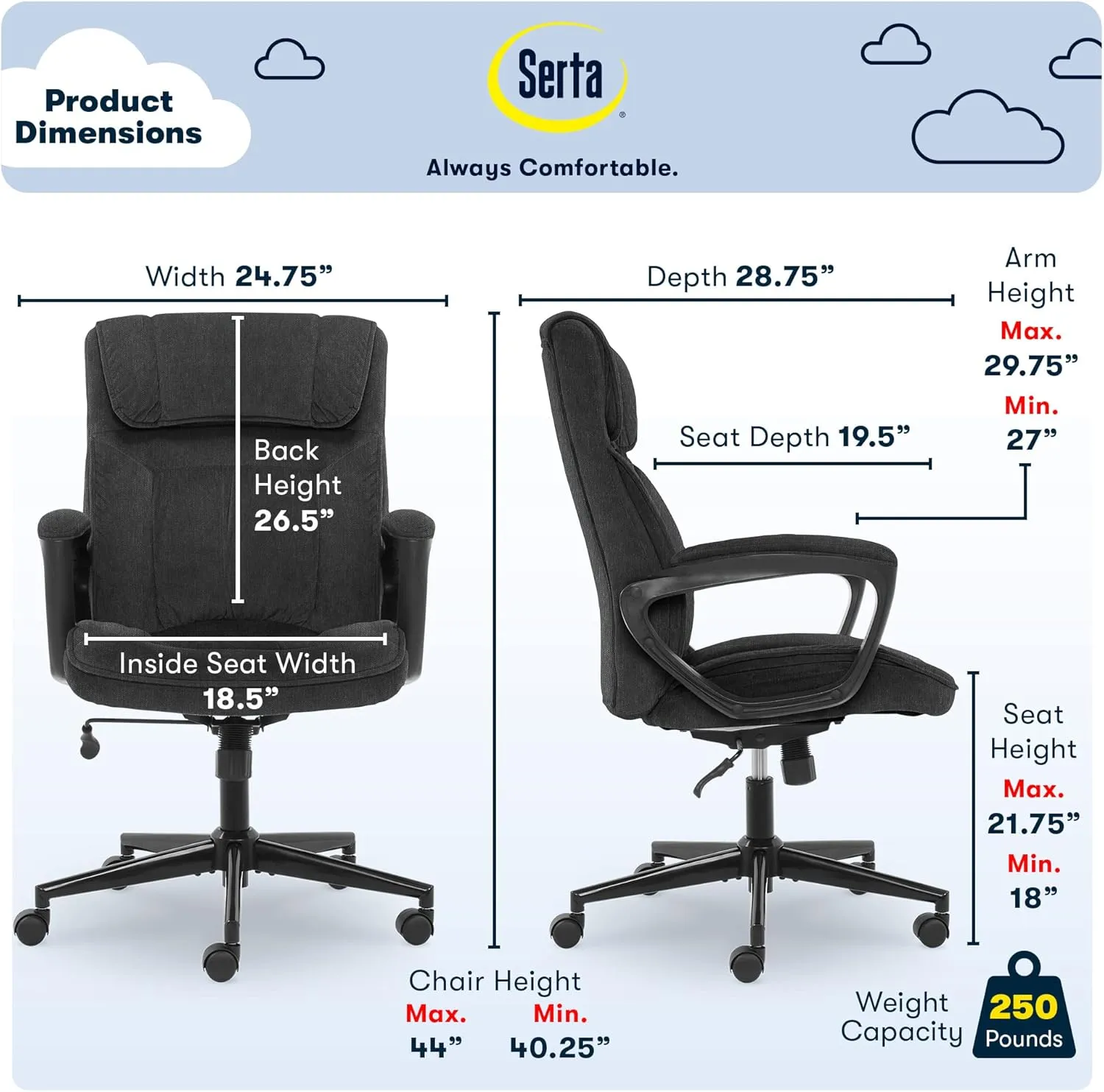 Serta Hannah Executive Home Office Desk Chair, Ergonomic Mid-Back with Lumbar Support, Firm Seat Cushion, Layered Body Pillows, Padded Armrests, Swivel Base, Easy Assembly, Microfiber, Charcoal Grey