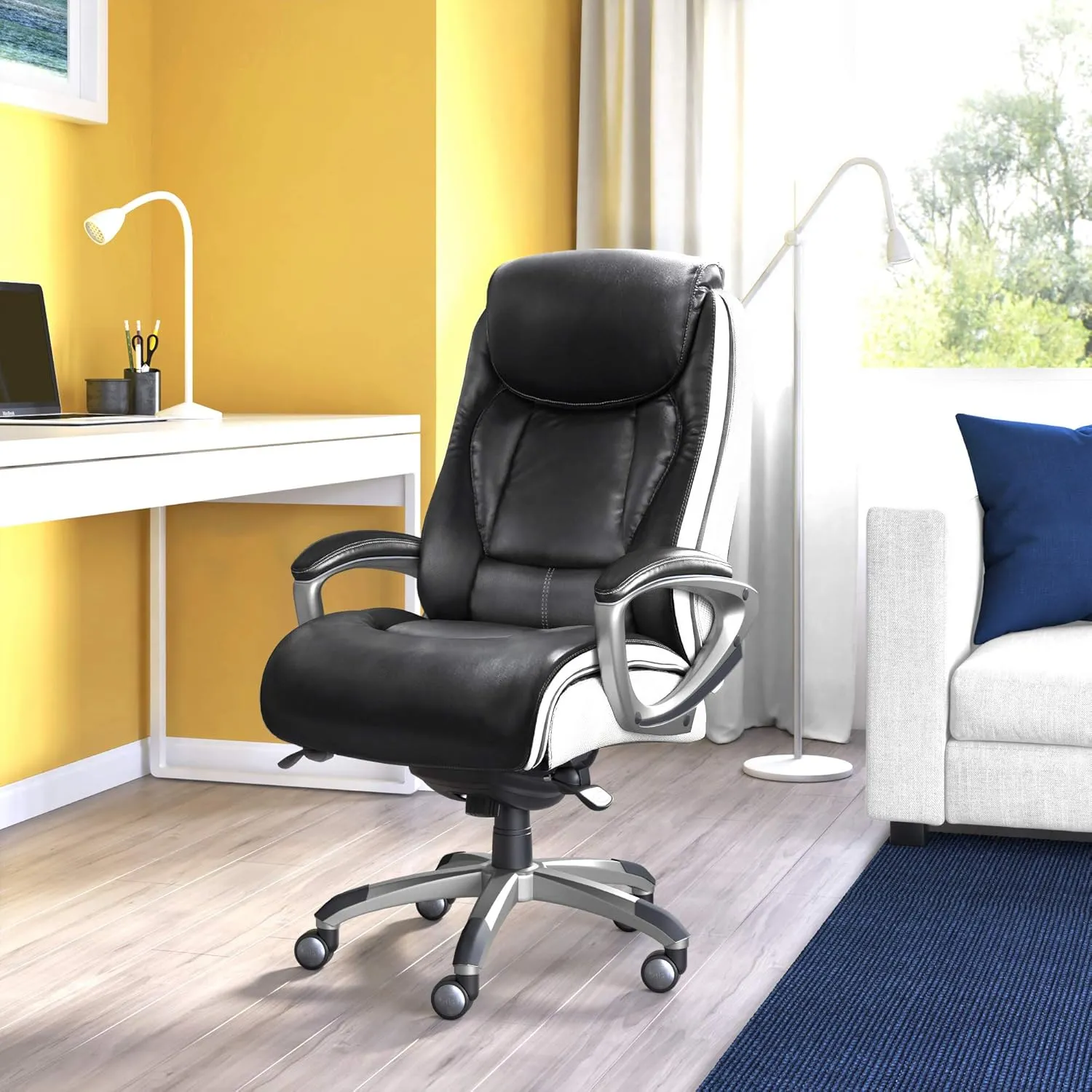 Serta Lautner Executive Home Office Desk Chair, Ergonomic High-Back with Adjustable Lumbar and Body Pillows, SmartLayers and ComfortCoils Technology, Mesh and Bonded Leather, Black & White