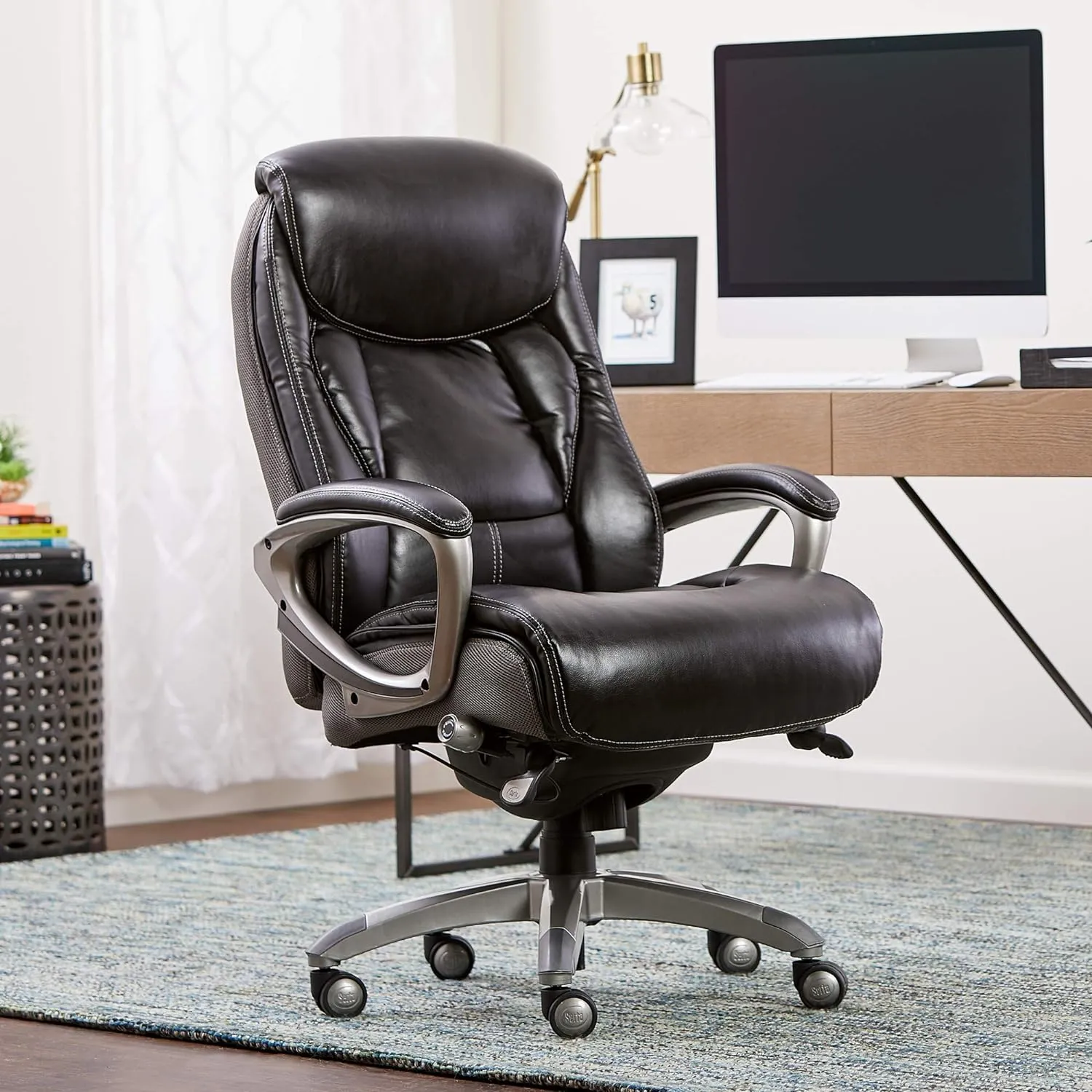 Serta® Lautner Executive Home Office Desk Chair, Ergonomic High-Back with Adjustable Lumbar and Body Pillows, SmartLayers™ and ComfortCoils® Technology, Mesh and Bonded Leather, Black and Gray