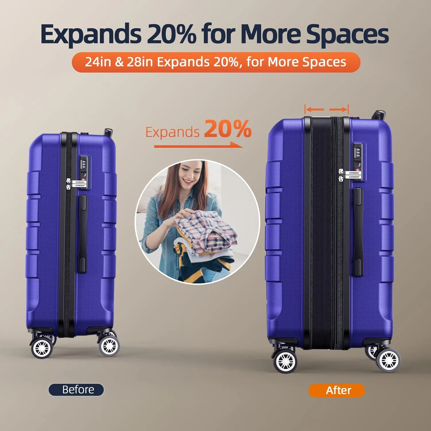SHOWKOO Luggage Sets Expandable PC ABS Durable Suitcase Sets Double Wheels TSA Lock 4 Piece Luggage Set Royal Blue