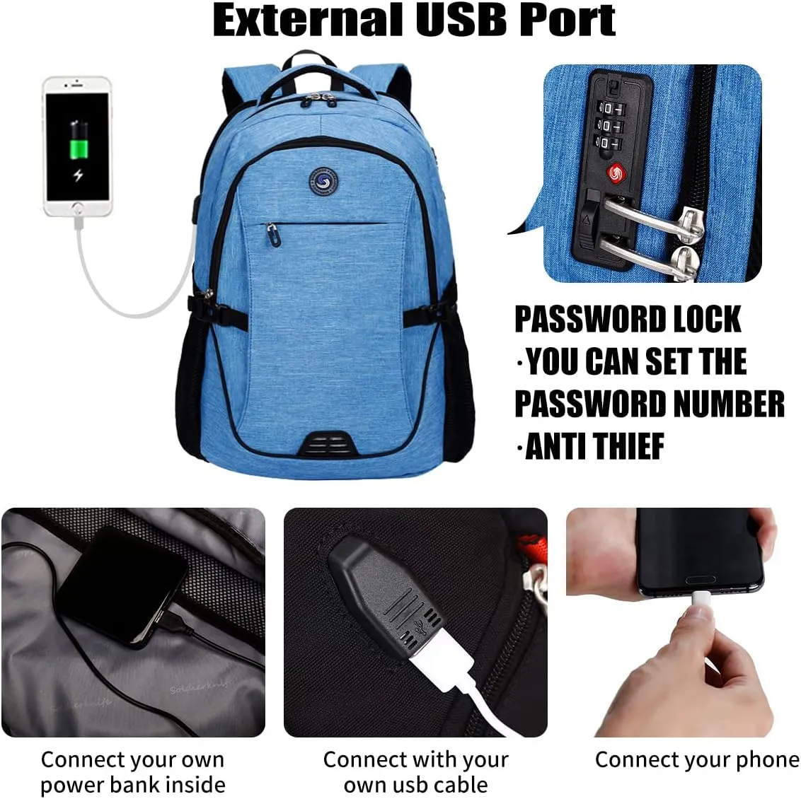 SHRRADOO Anti Theft Laptop Backpack Travel Backpacks with usb Charging Port for Women Men College Backpack Computer Bag Fits 17 Inch Laptop,Sky Blue