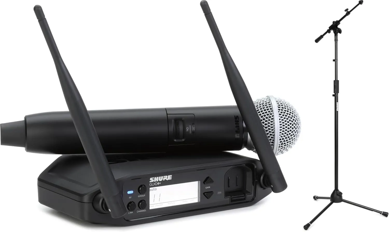 Shure GLXD24 /SM58 Digital Wireless Handheld Microphone System with SM58 Capsule and Tripod Microphone Stand for Professional Audio Performance