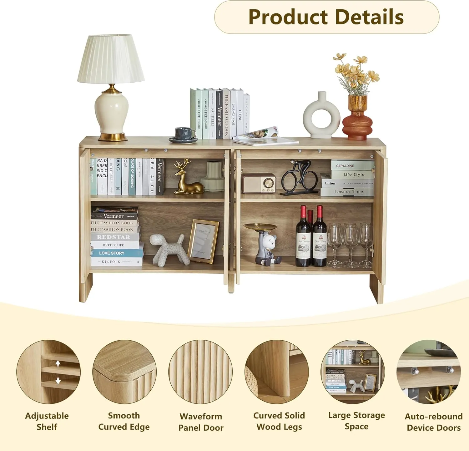 Sideboard Buffets Cabinet, Modern Accent Storage Cabinet with 4 Fluted Doors and Adjustable Shelves, Wood Credenza Buffet Sideboards, Console Table for Kitchen Dining Living Room Entryway (Natural)