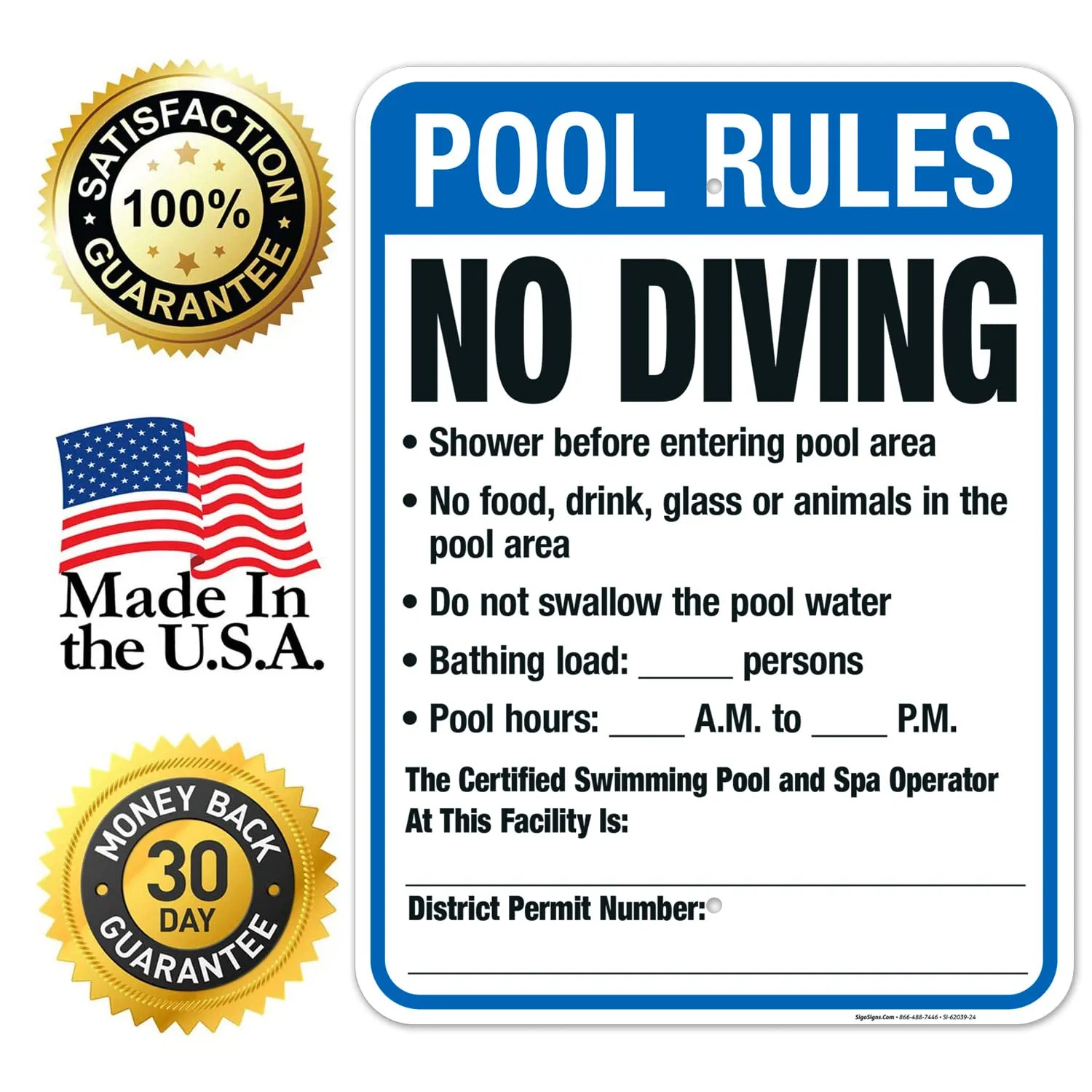 Sigo Signs, District of Columbia Pool Rules Sign, Complies with District of Columbia Pool Safety Code, 18x24 Inches, 55 mil Thick HDPS (high Density polystyrene), Made in USA